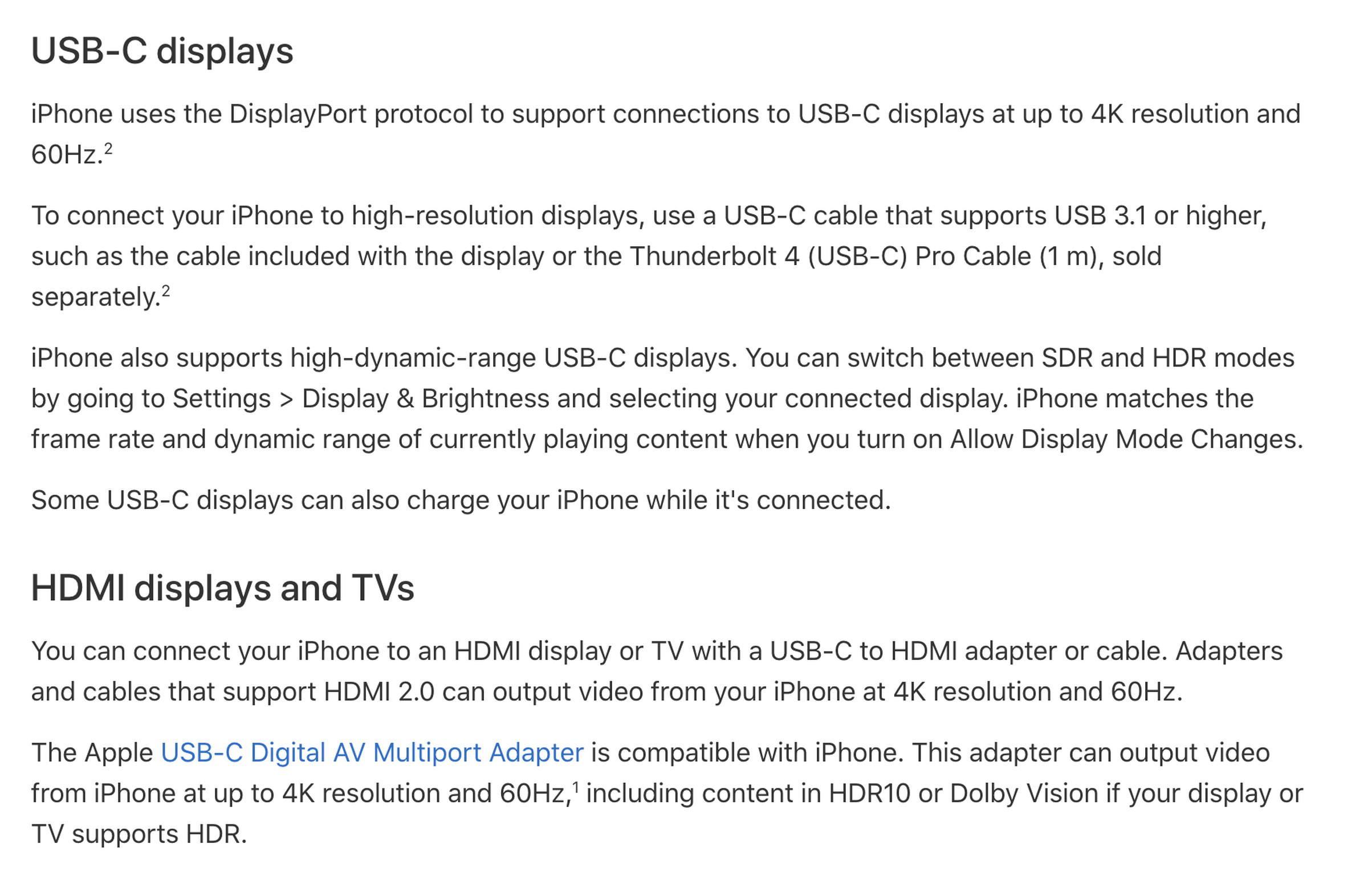 A screenshot of the Apple support page detailing iPhone USB-C video output support.