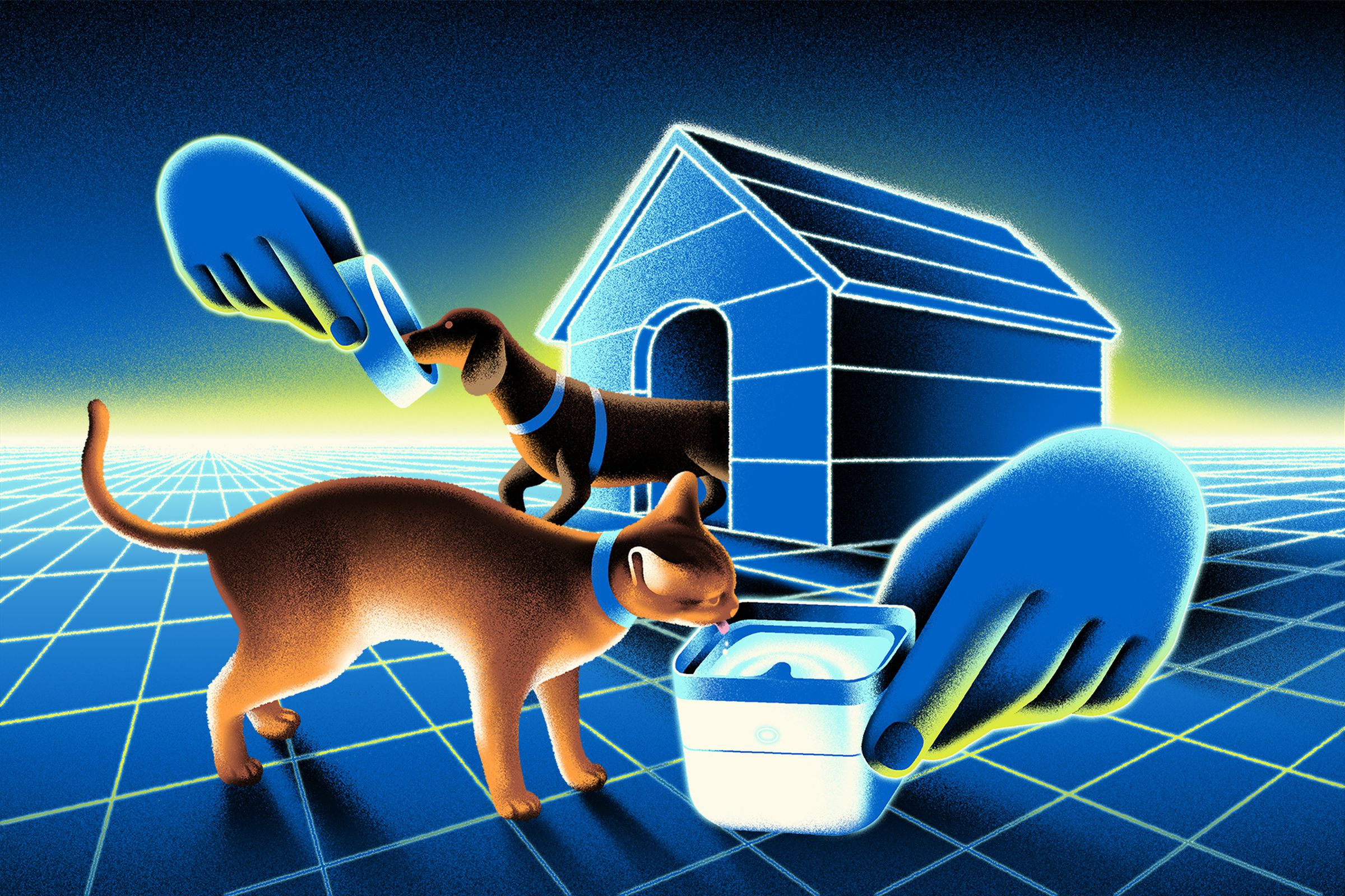 Illustration of a cat and dog being fed by automated digital hands.