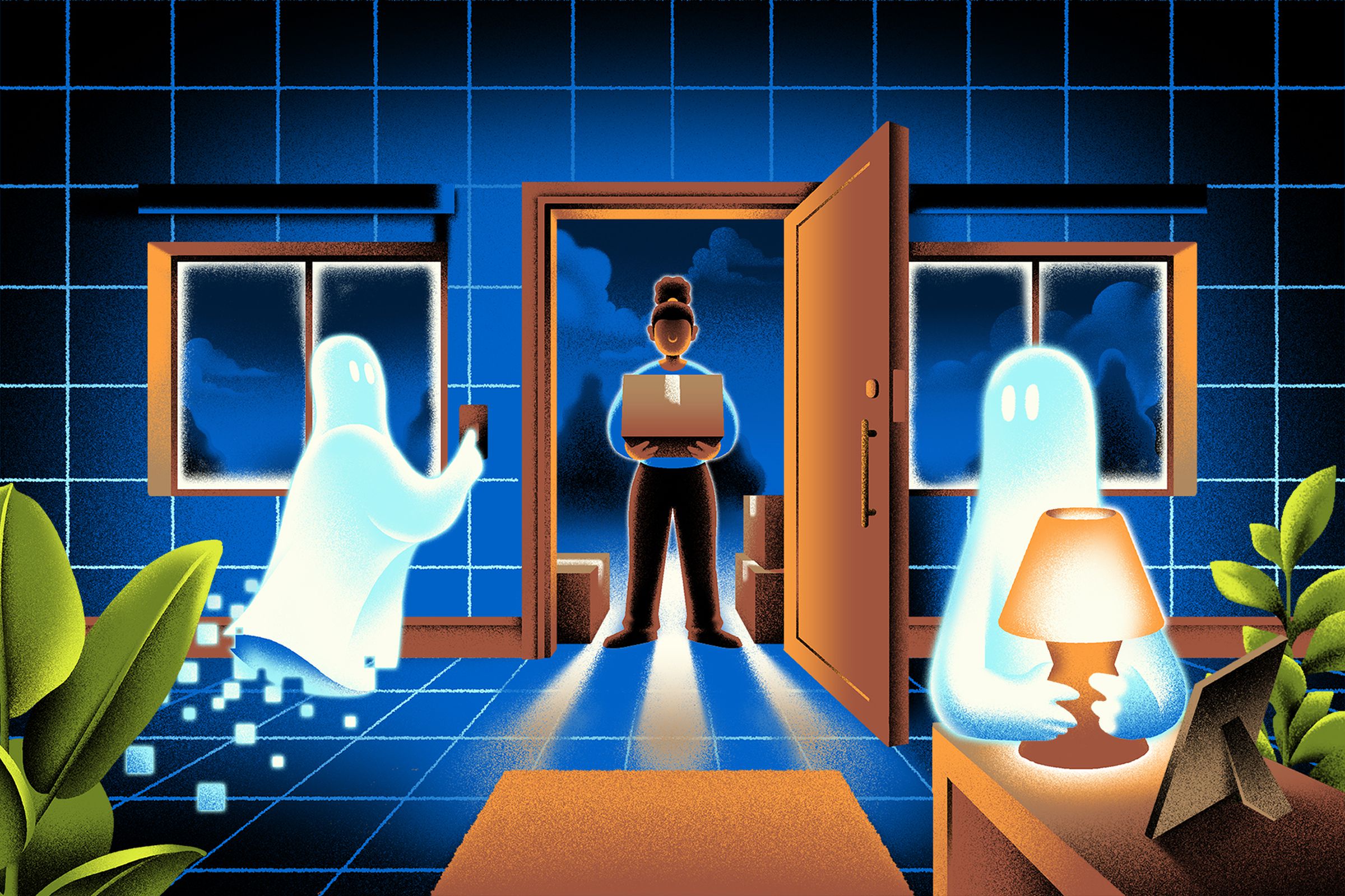Illustration of a new homeowner haunted by two smart home ghosts who are messing with the blinds and lights.