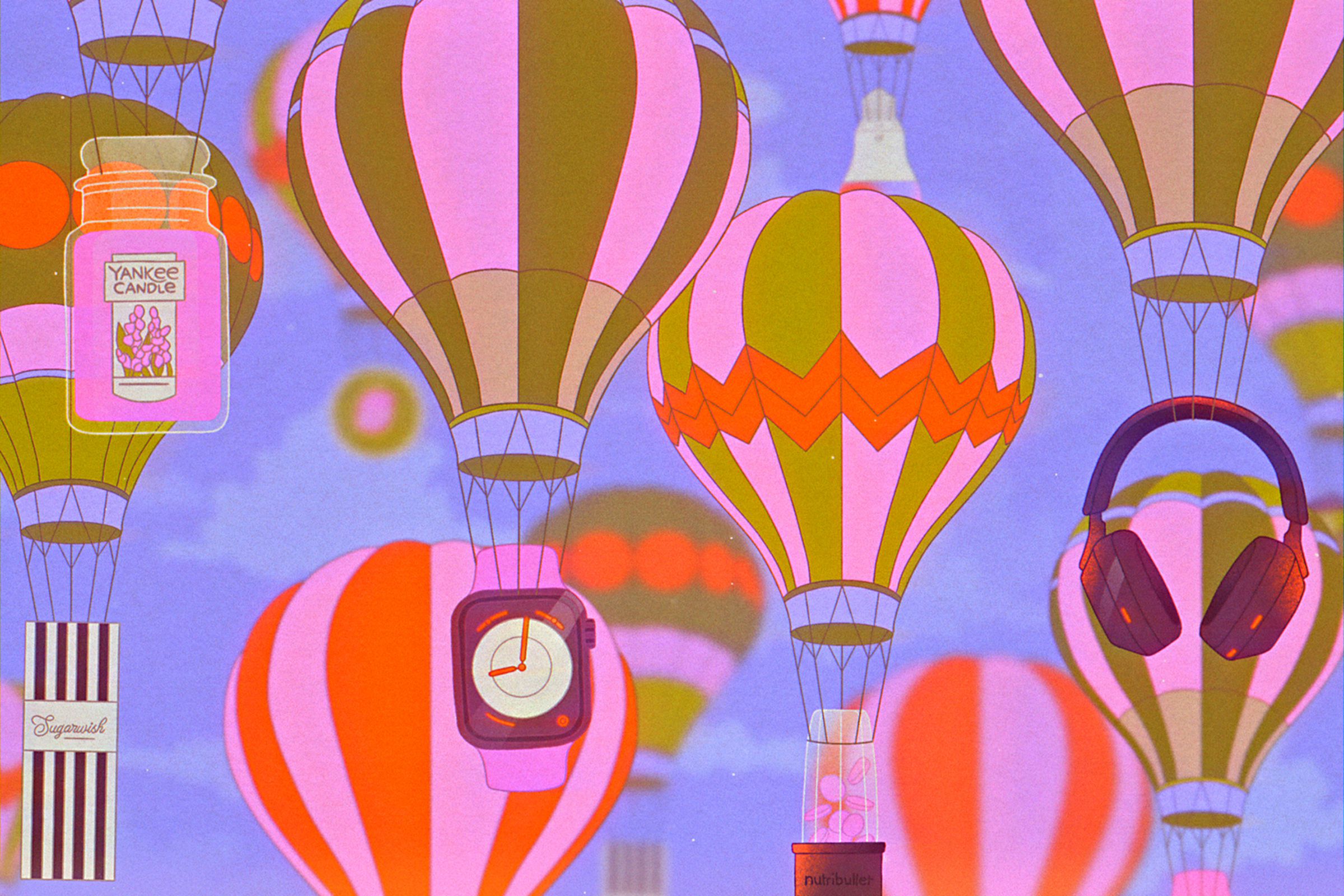 Illustration of hot air balloons carrying various Mother’s Day gifts.