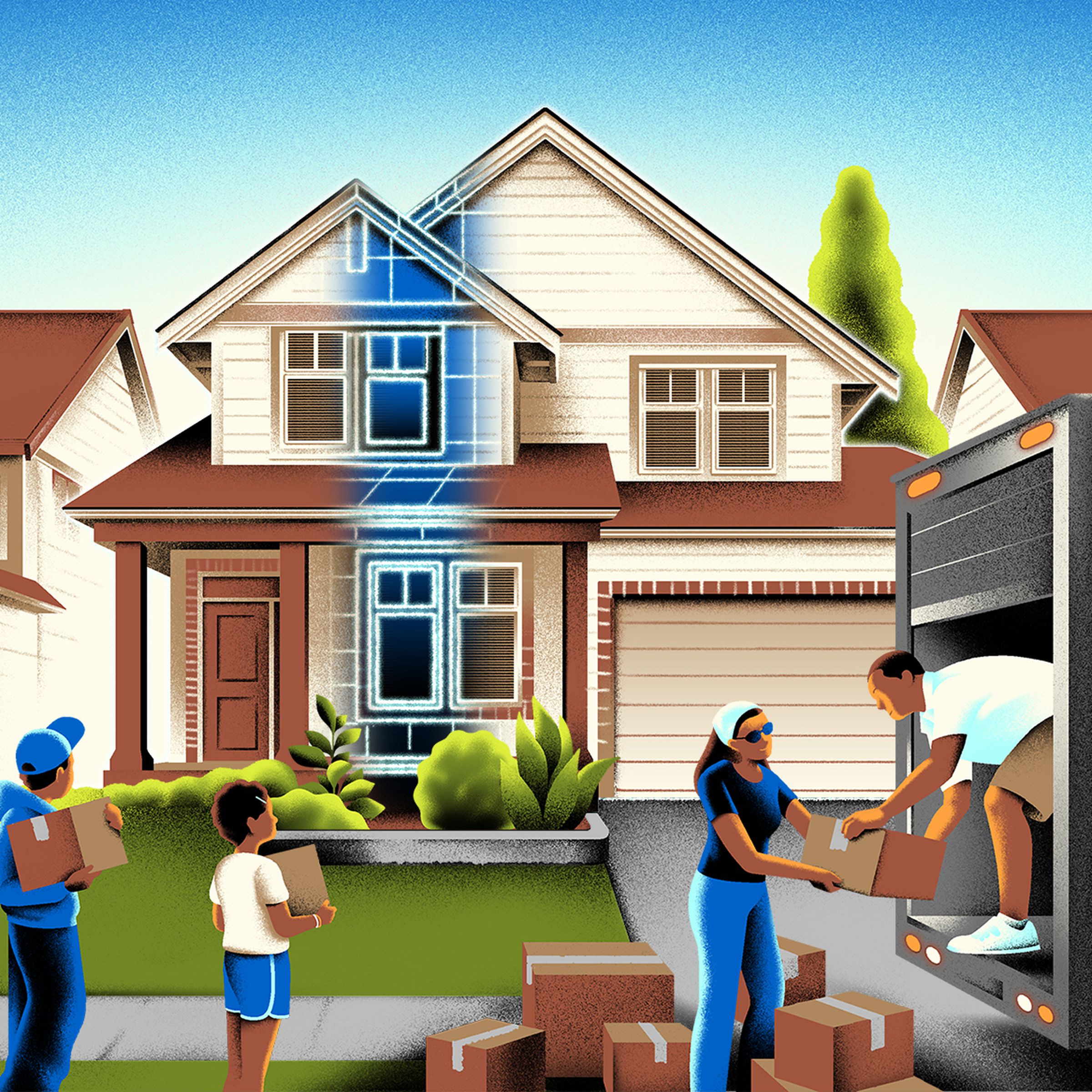 Illustration showing a family moving into a new house equipped with smart tech.