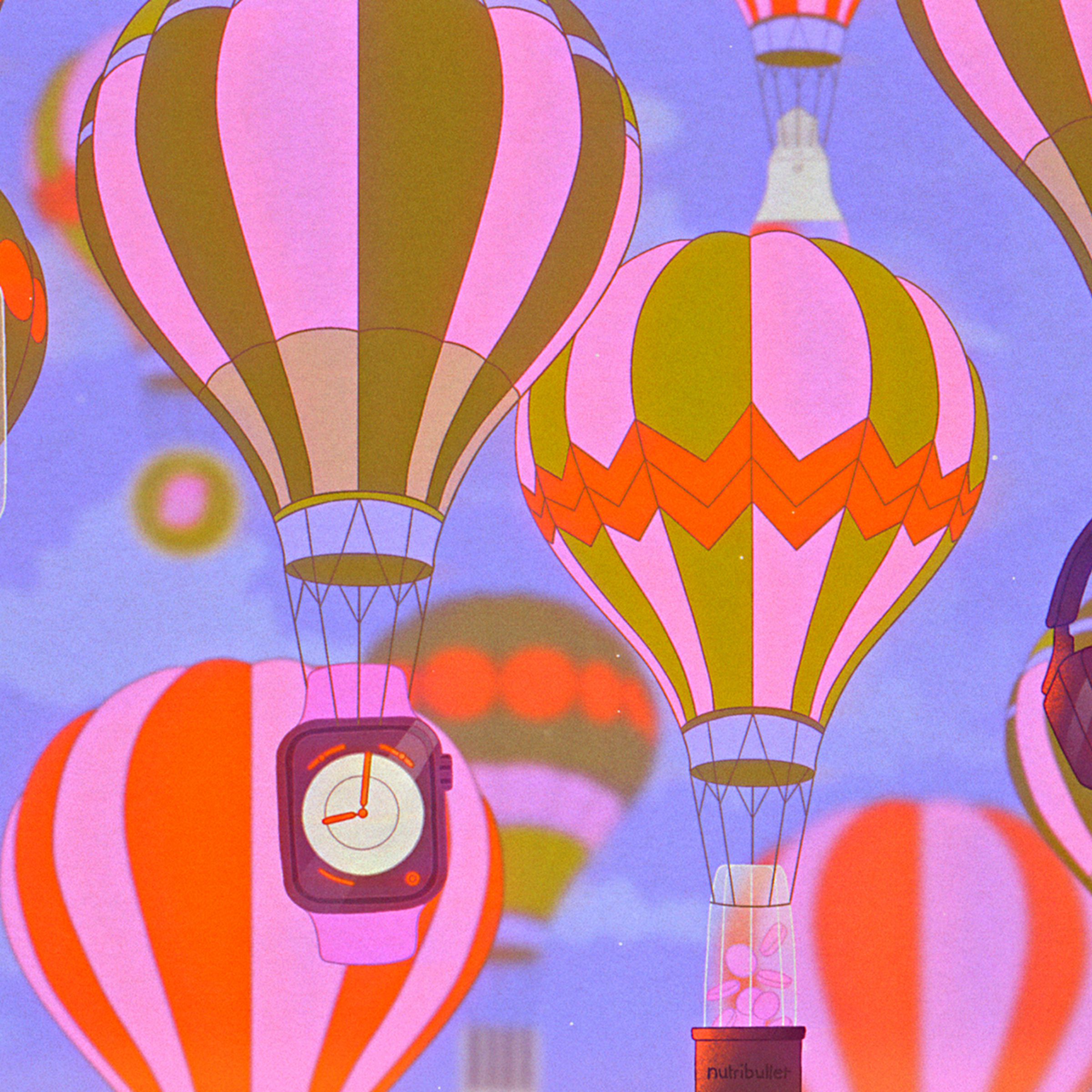 Illustration of hot air balloons carrying various Mother’s Day gifts.