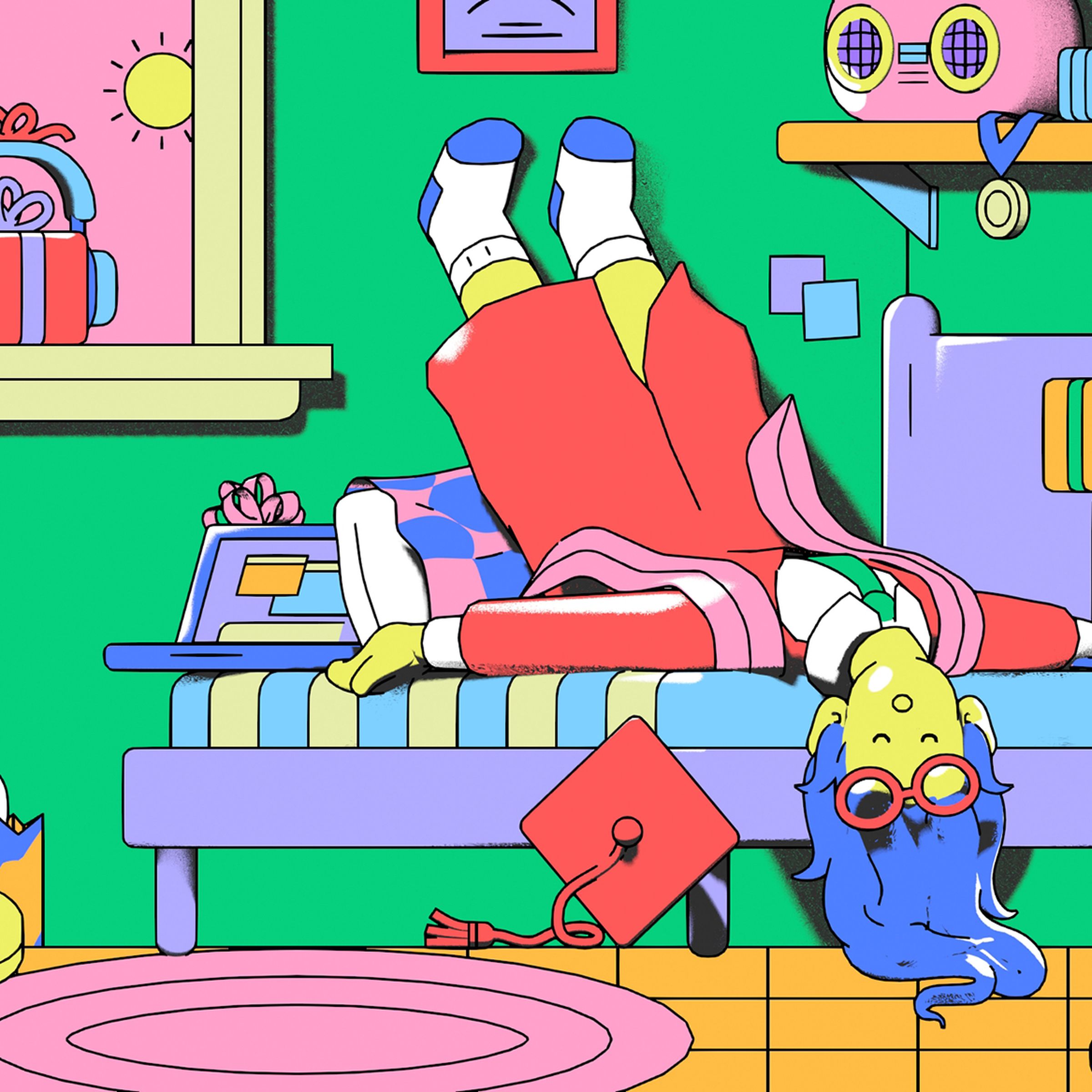 Animated illustration of a napping graduate catching up on sleep, surrounded by gifts.