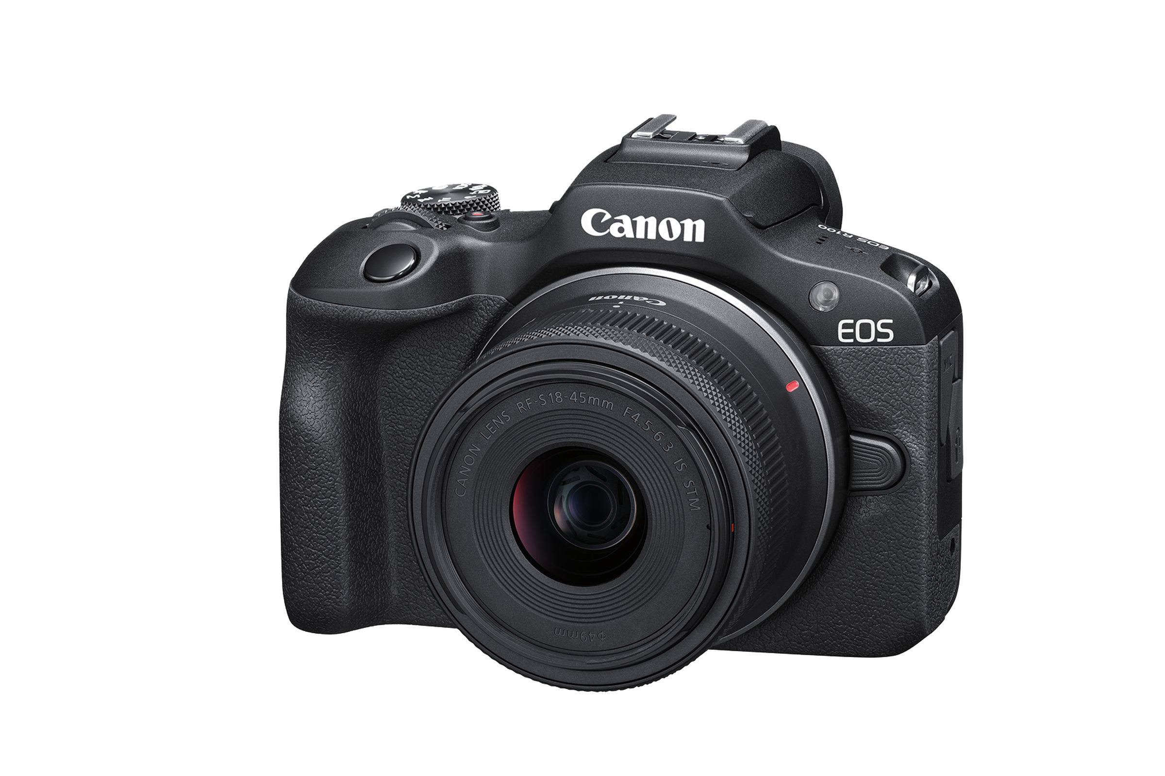 A marketing image of the Canon EOS R100 with lens attached on a white background.