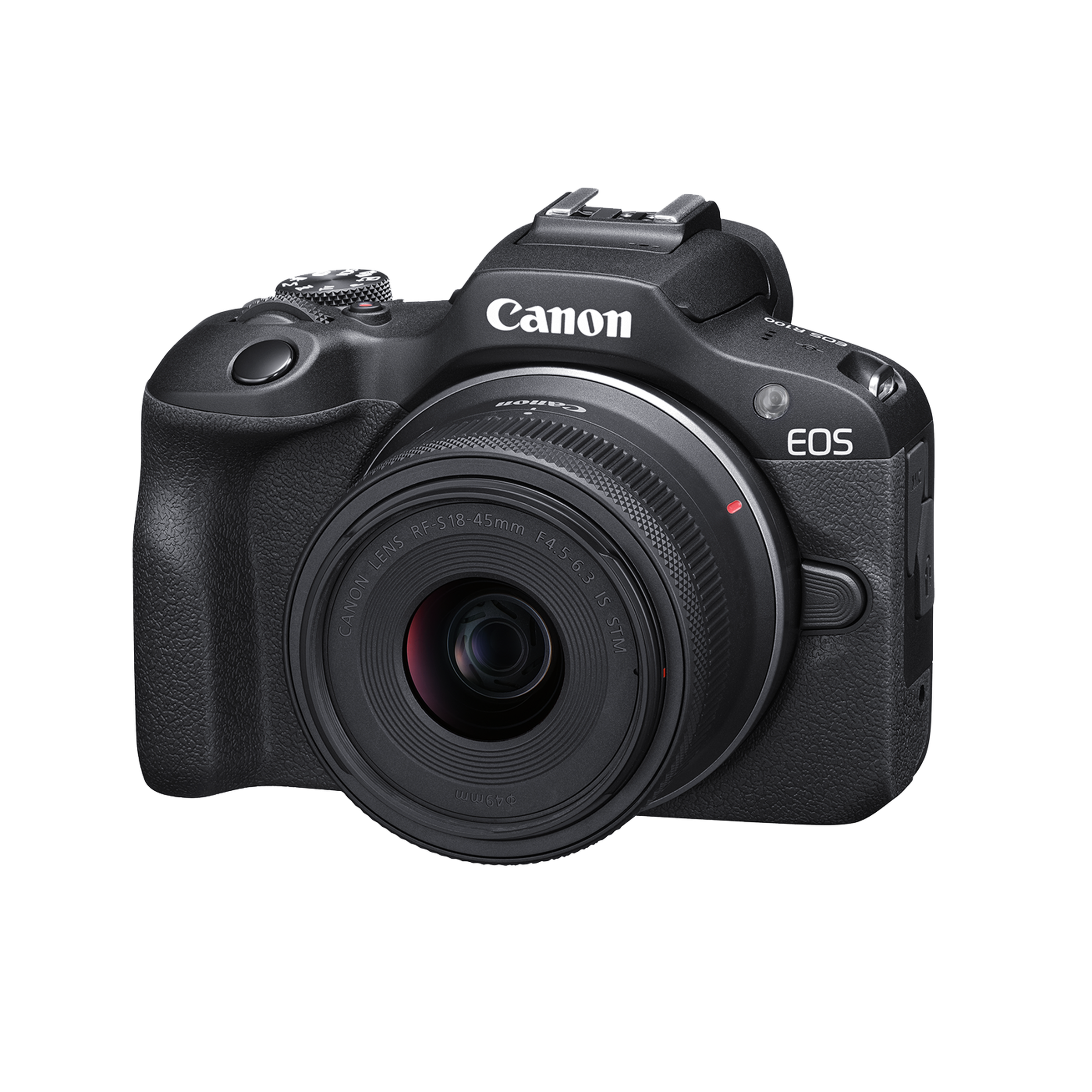 A marketing image of the Canon EOS R100 with lens attached on a white background.