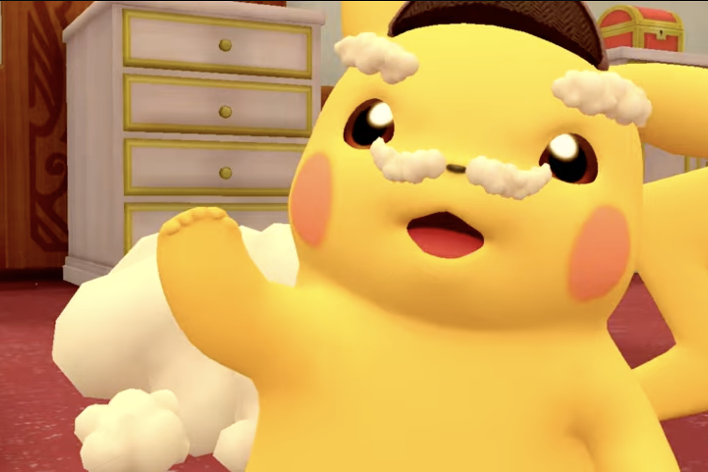 Screenshot from Detective Pikachu Returns featuring a pikachu with a foam moustache and eyebrows