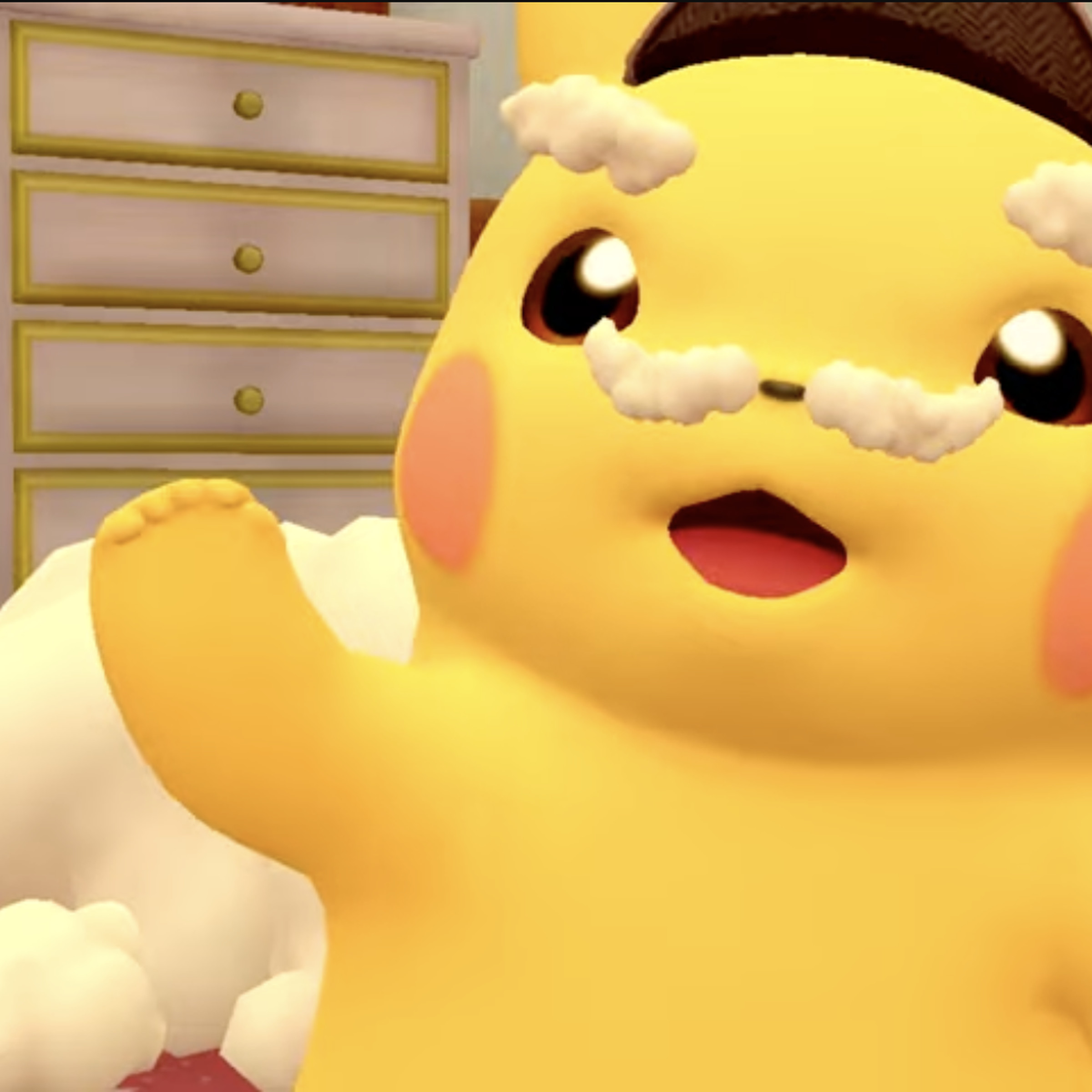 Screenshot from Detective Pikachu Returns featuring a pikachu with a foam moustache and eyebrows