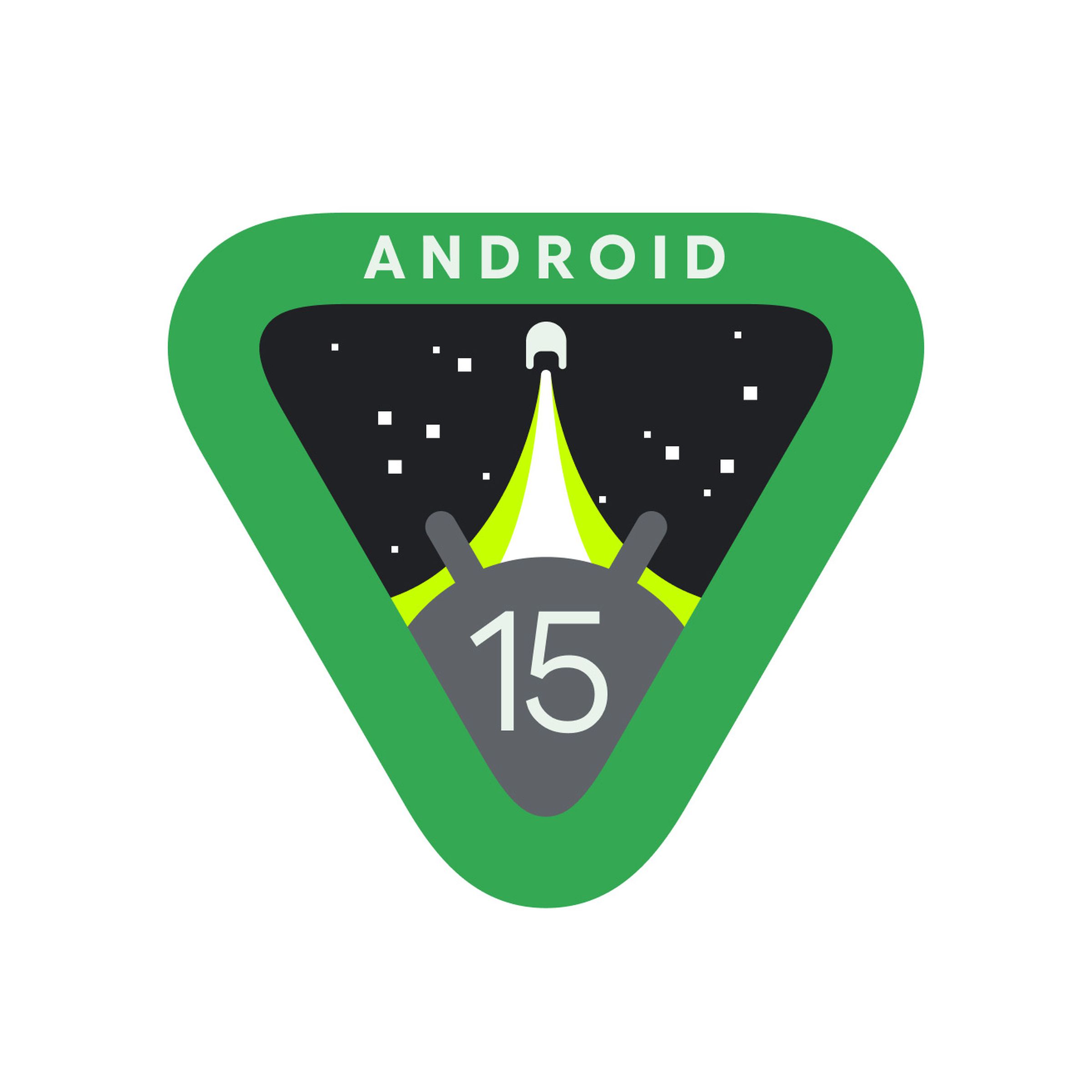 Android 15 logo with a v-shaped badge.