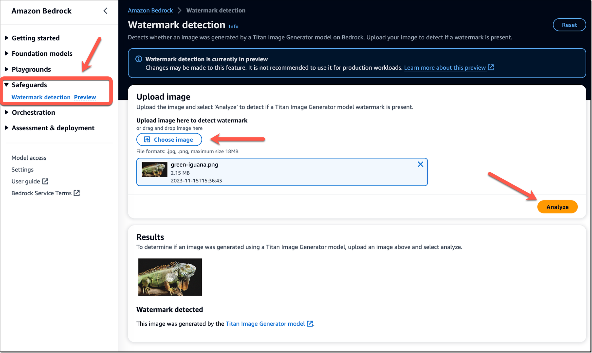 Screenshot of how to check watermarks on Amazon Bedrock
