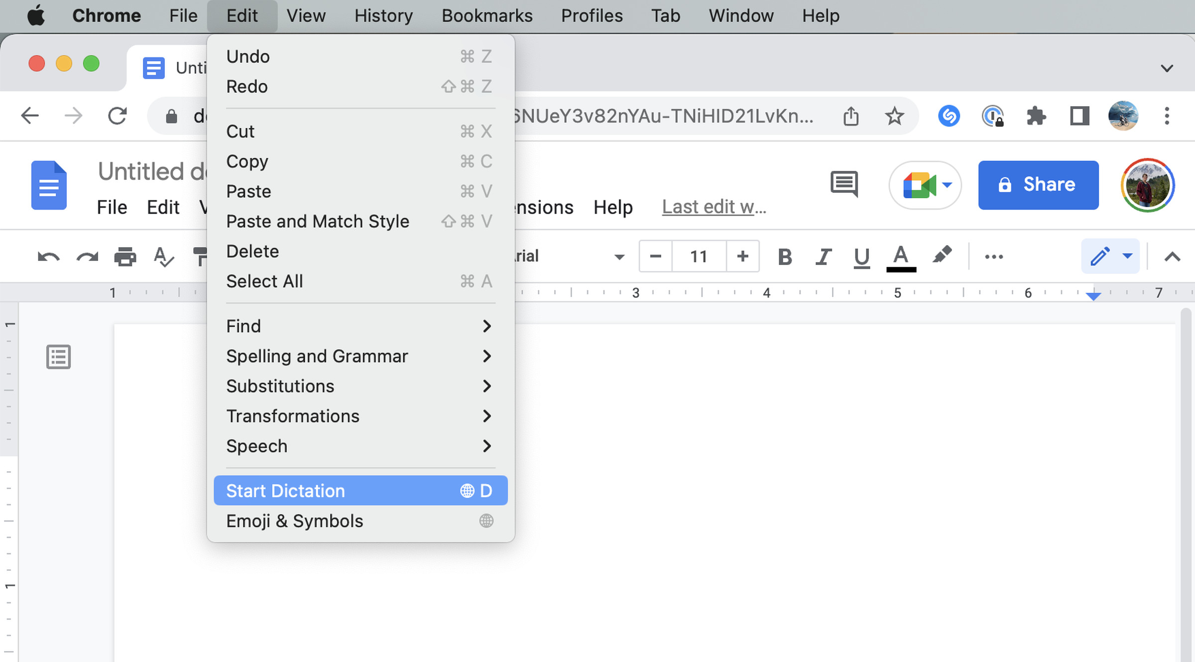If an app or menu has its own Edit menu, you can use the one in the menu bar to access the Start Dictation option.