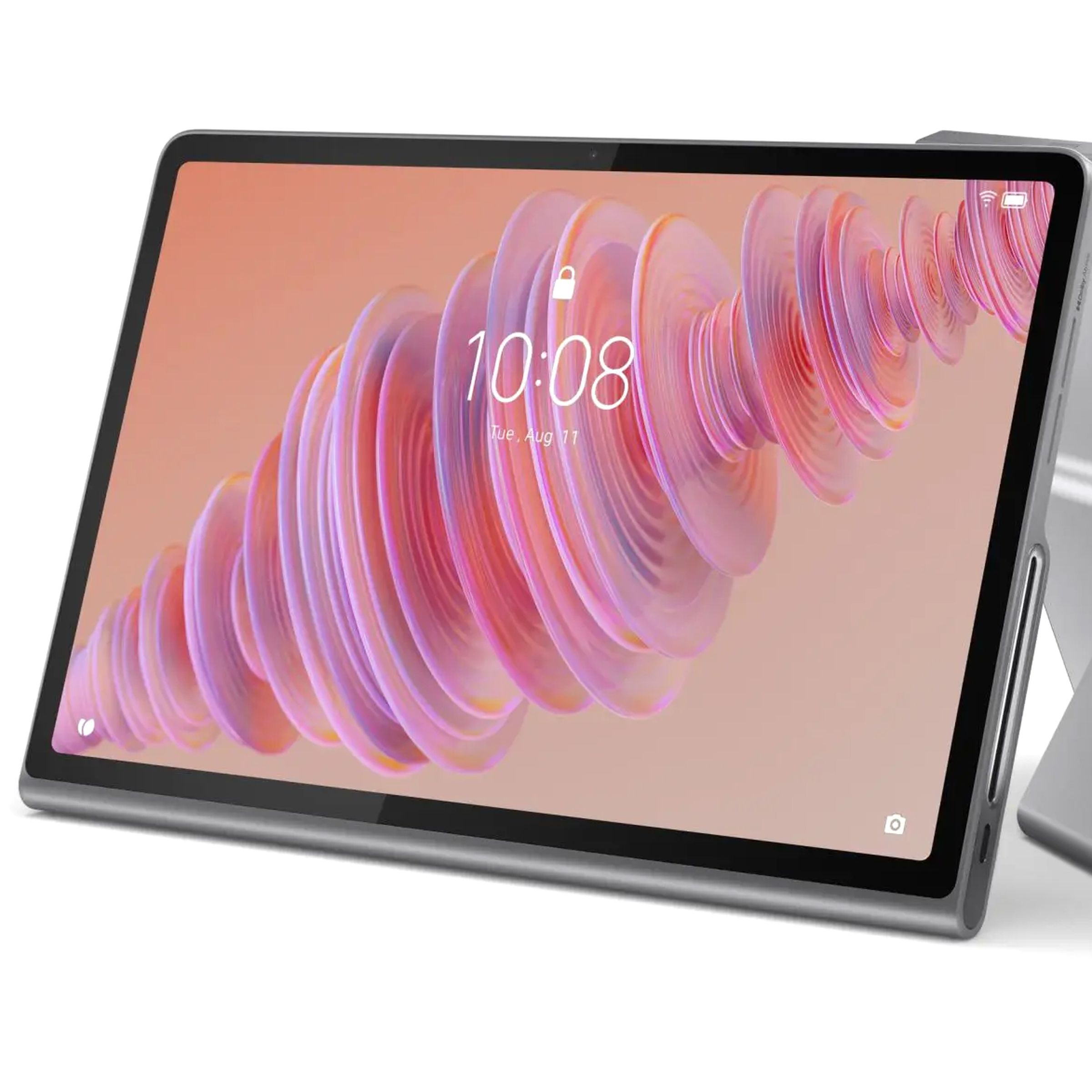 The Lenovo Tab Plus tablet seen from the front and back with the kickstand extended.