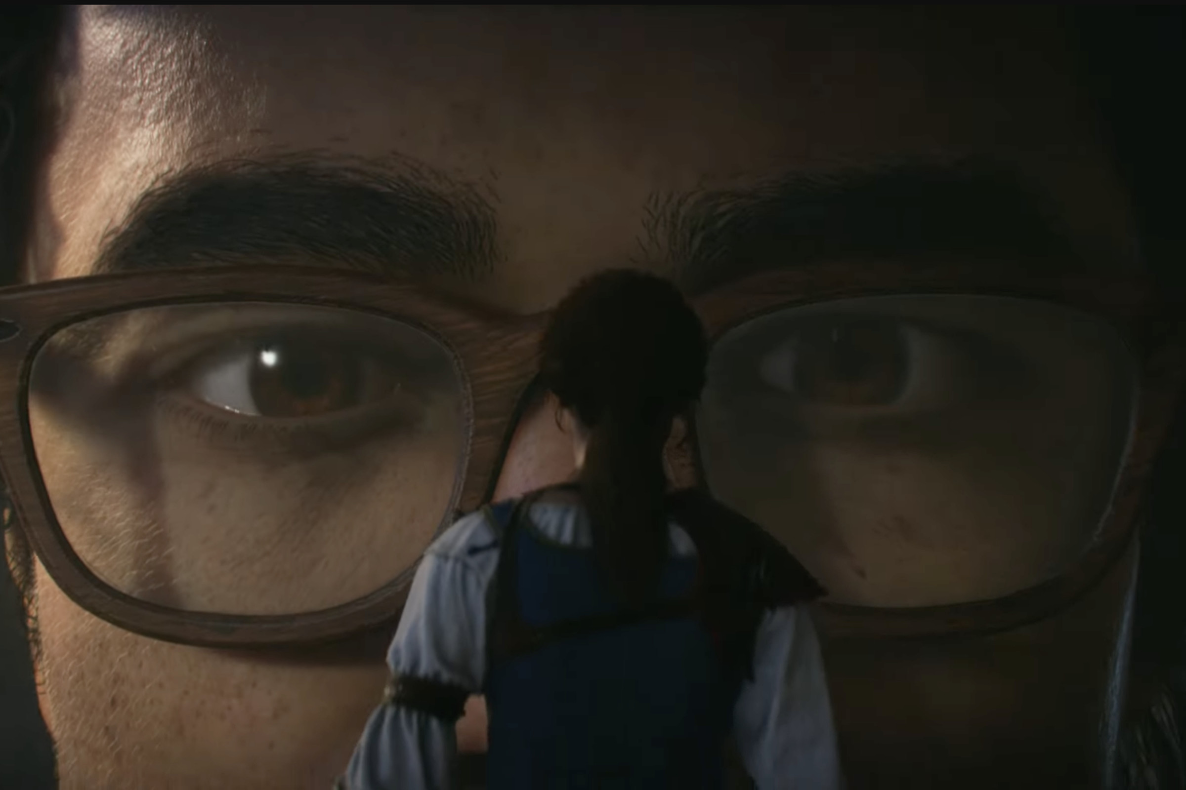 Screenshot from Fable trailer featuring a giant with brown skin and glasses standing eye-to-eye with a human female adventurere