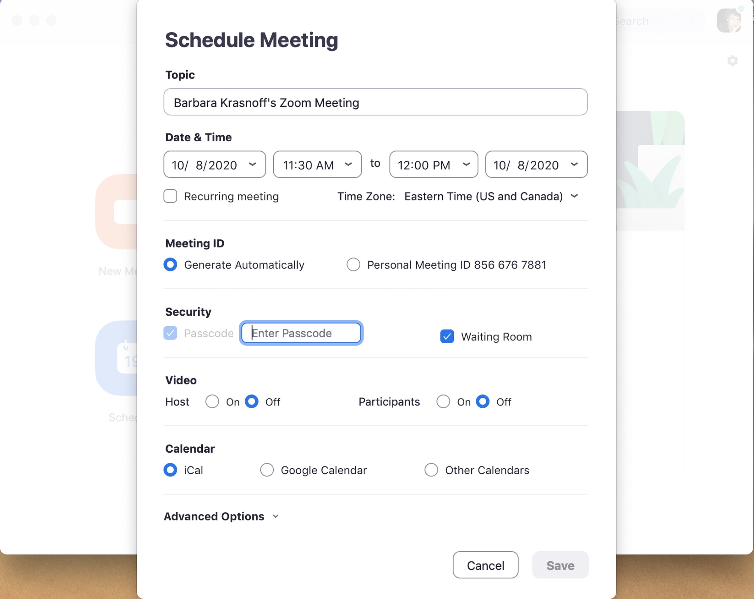 When you schedule a meeting, you get a variety of options for security and notification.