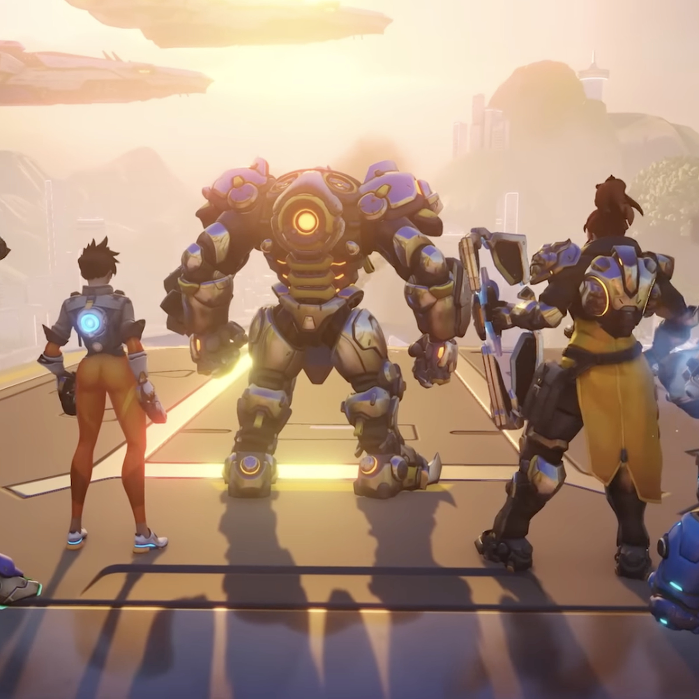 Screenshot from Overwatch 2 featuring behind-the-back shots of the game’s most popular heroes