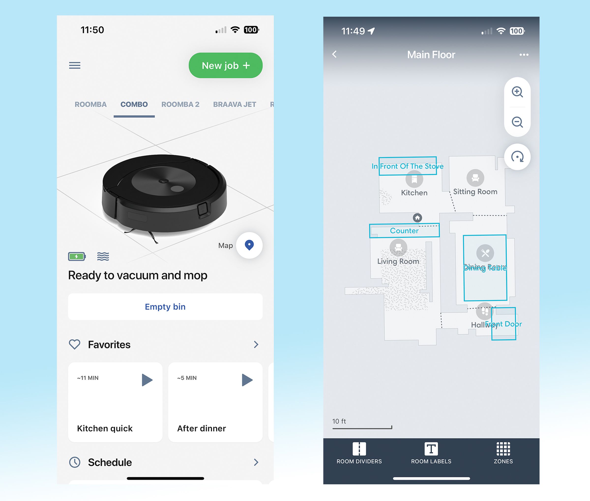 Screenshots from the iRobot app. On the left, a screen showing the vacuum status and some controls, including a favorites section with routines labelled “Kitchen quick” and “After dinner.” On the right, a floor plan labeled “Main Floor” showing several designated clean zones and carpeted areas.
