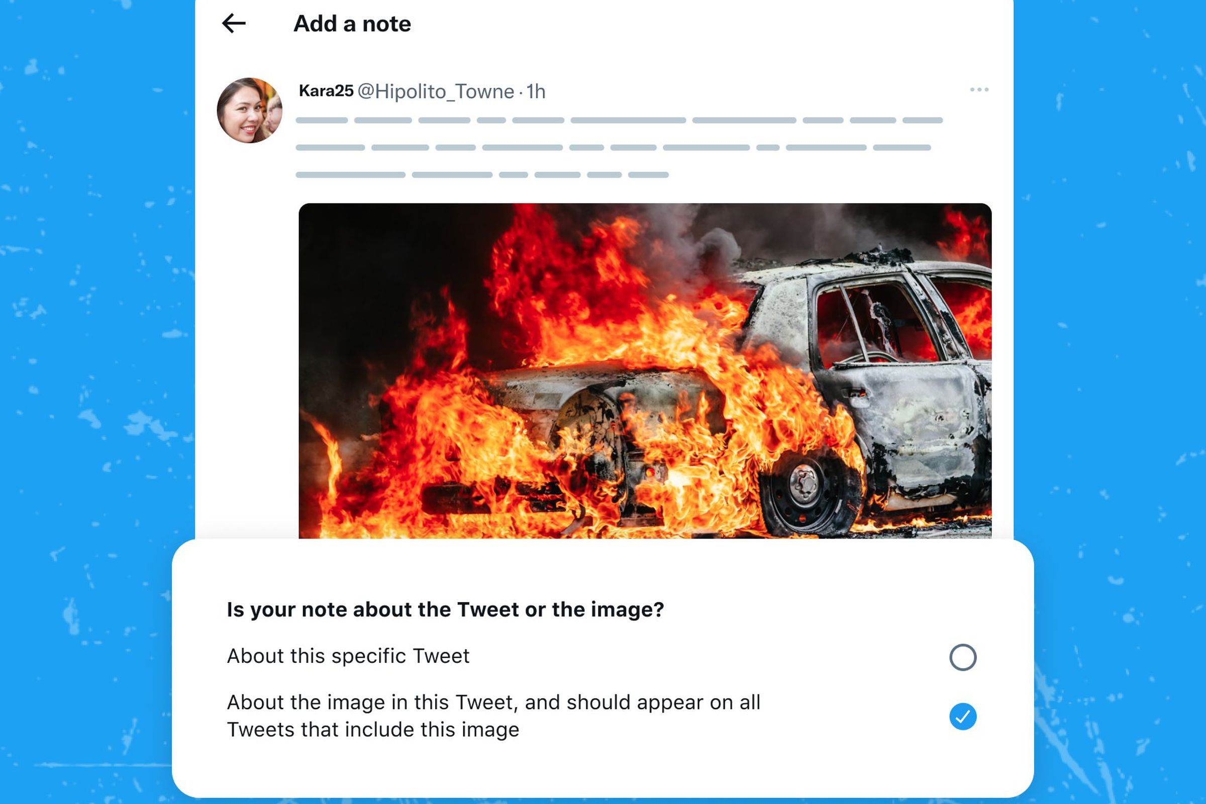 A Twitter Note pop-up that asks the contributor if context applies to the image or to the text post.