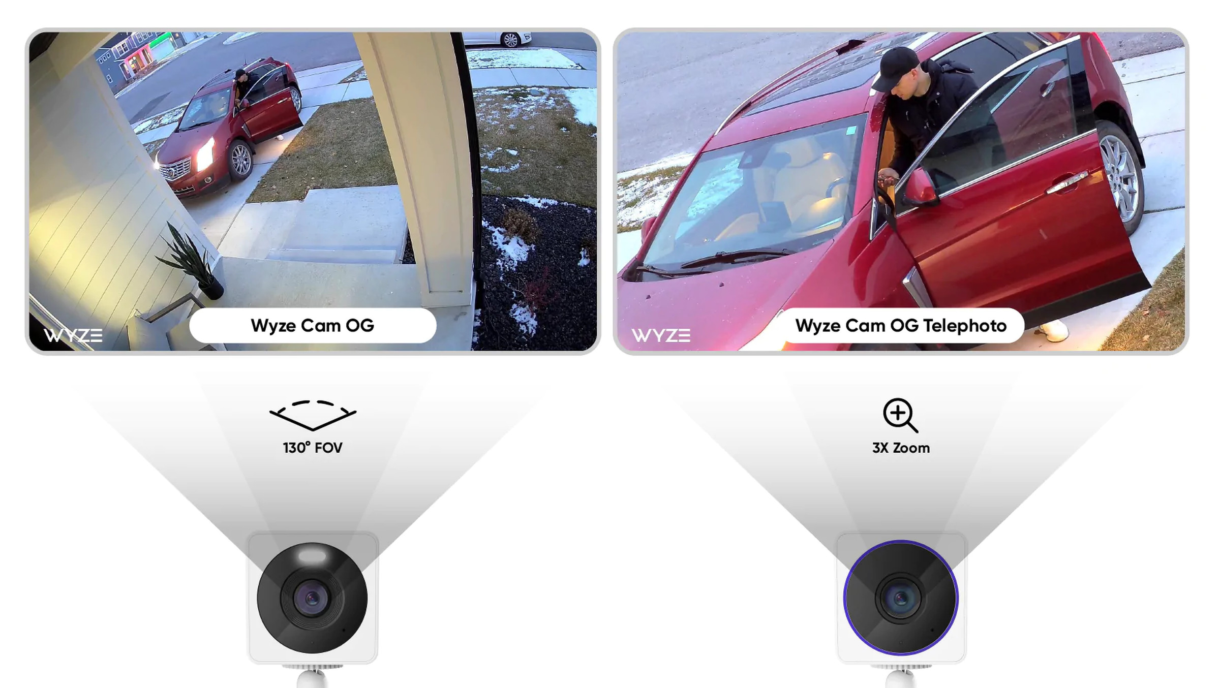 A snapshot of footage captured on the Wyze Cam OG ( left) and the Wyze Cam OG Telephoto 3x (right)