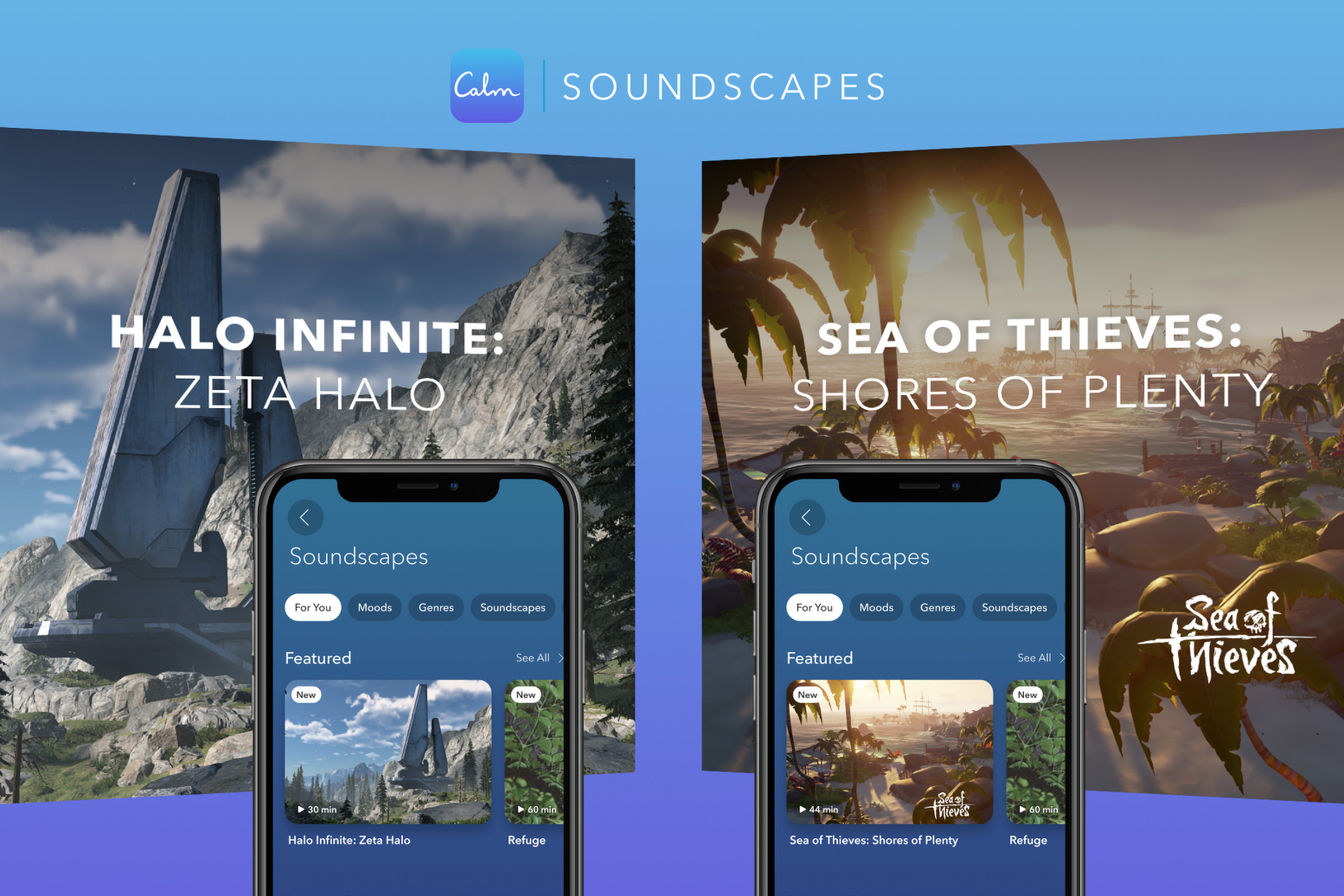Two mobile phones displaying artworks for Calm soundscapes. The music is based on Sea of Thieves and Halo Infinite game franchises.