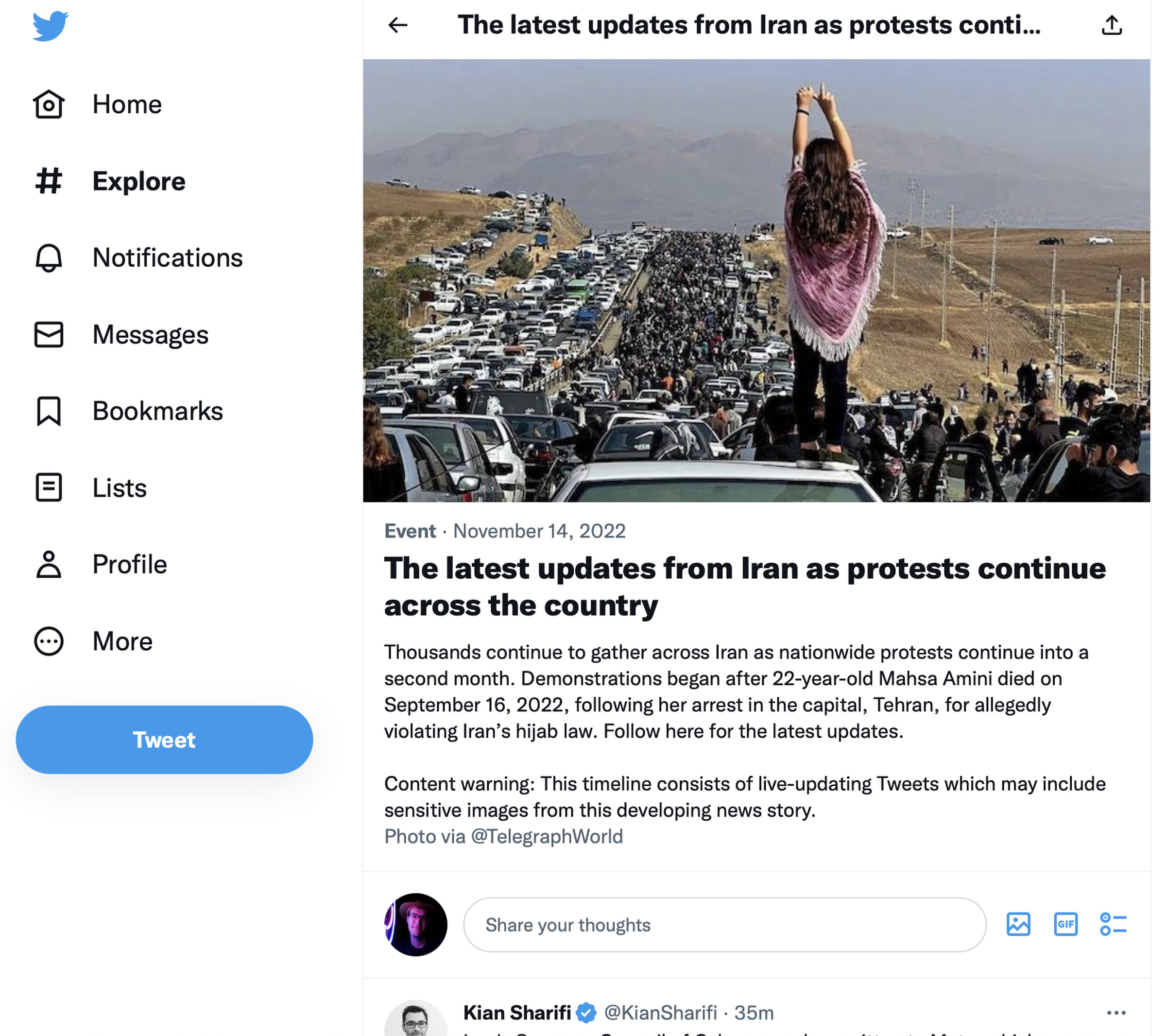 Screenshot of a Twitter moment about the protests in Iran.