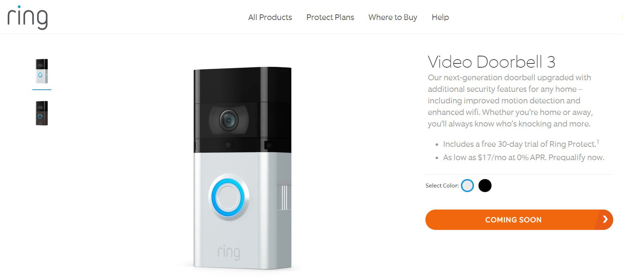 A screenshot of the Ring Video Doorbell 3 product page.