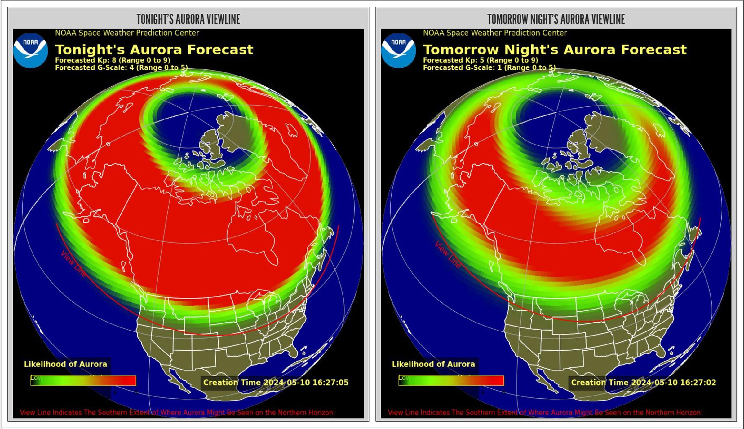 A screenshot showing the National Oceanic and Atmospheric Administration’s Aurora viewline predictions between May 10th-12th, 2024.