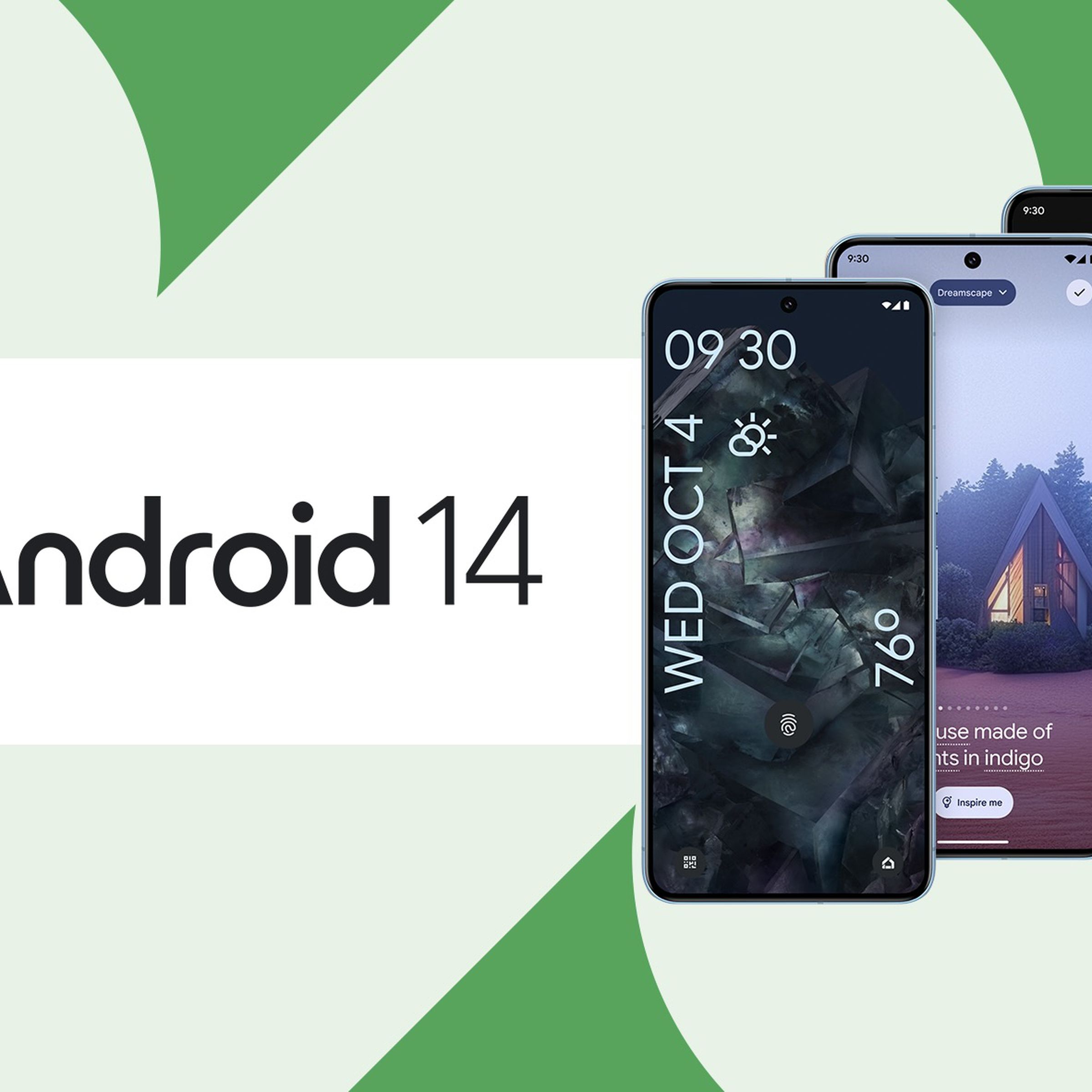 android 14 header with three phone screenshots