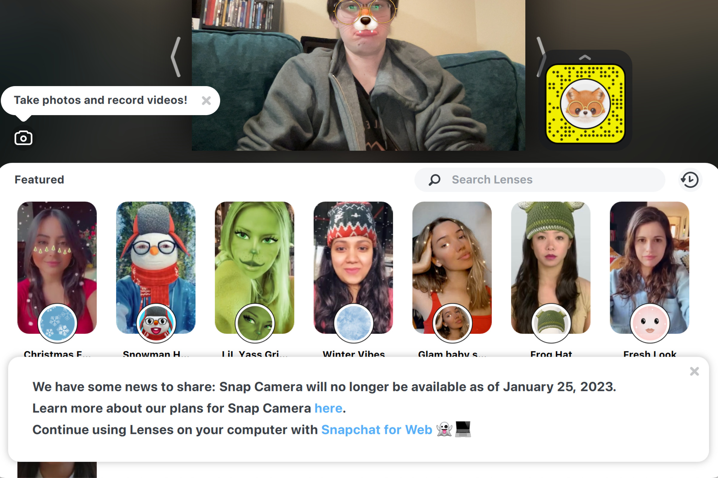 Screenshot of the Snap Camera app with an announcement reading: “We have some news to share: Snap Camera will no longer be available as of January 25, 2023. Learn more about our plans for Snap Camera here.”