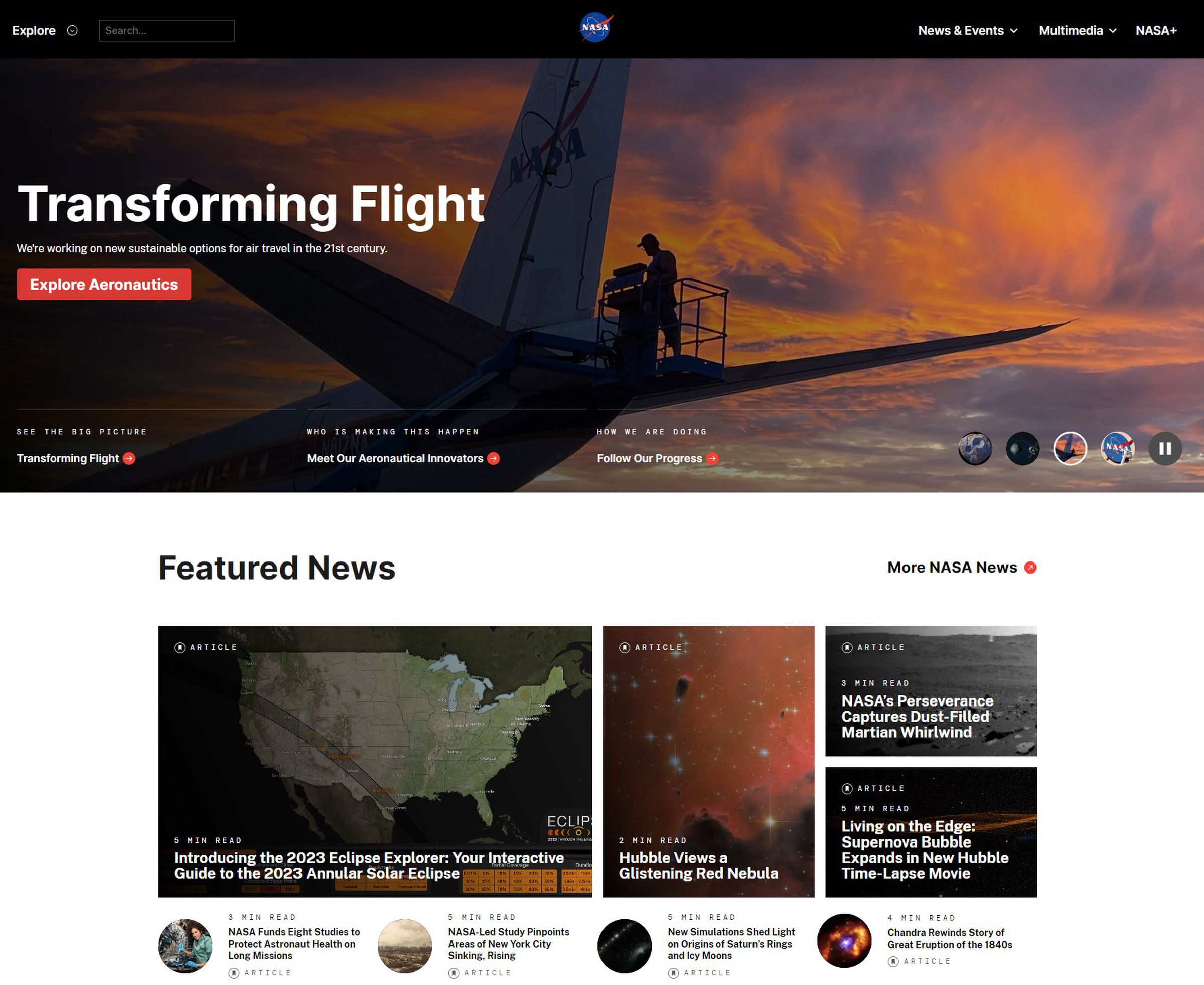Screenshot of the redesigned NASA website.