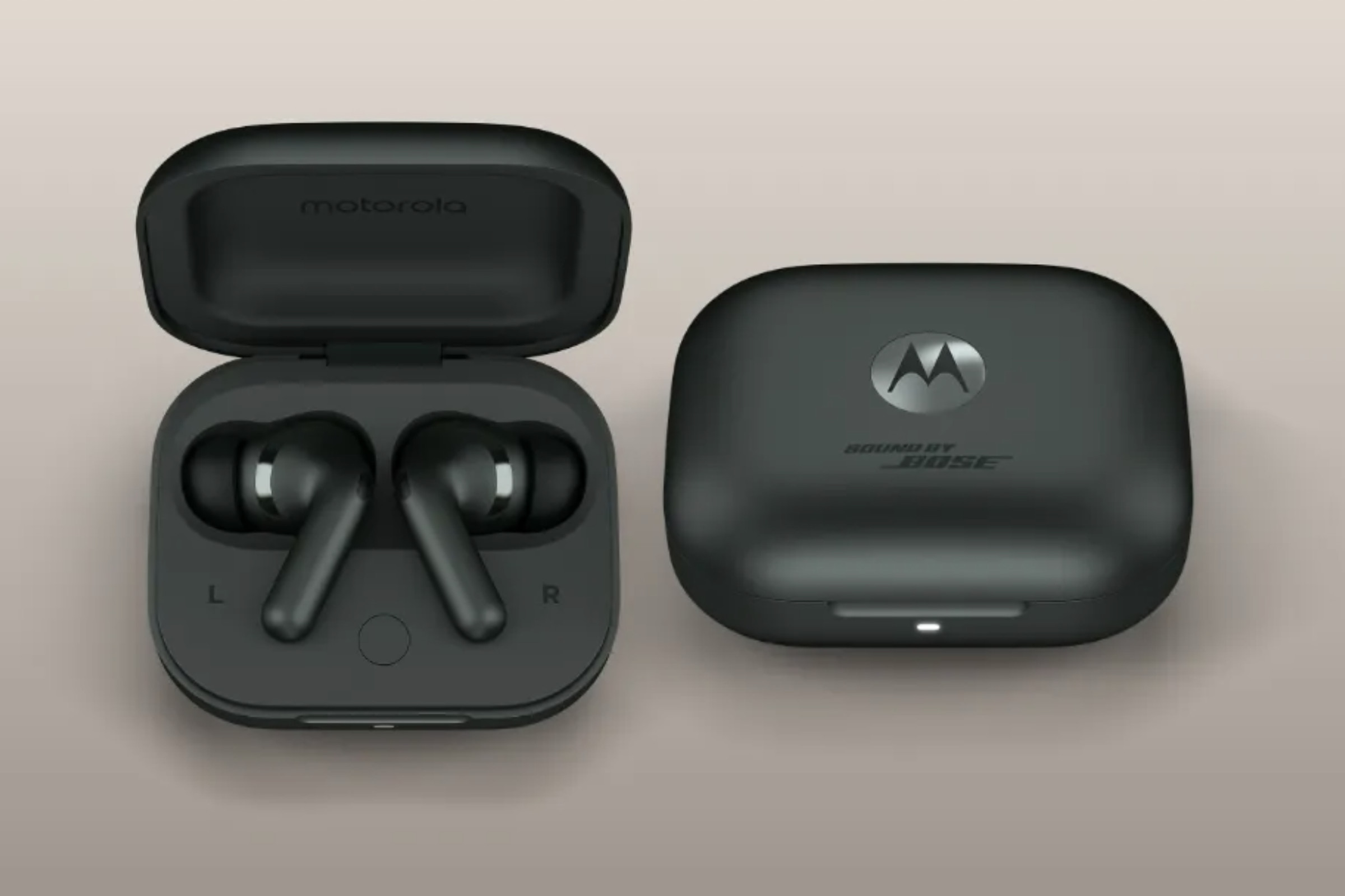 A marketing image of Motorola’s Moto Buds Plus.