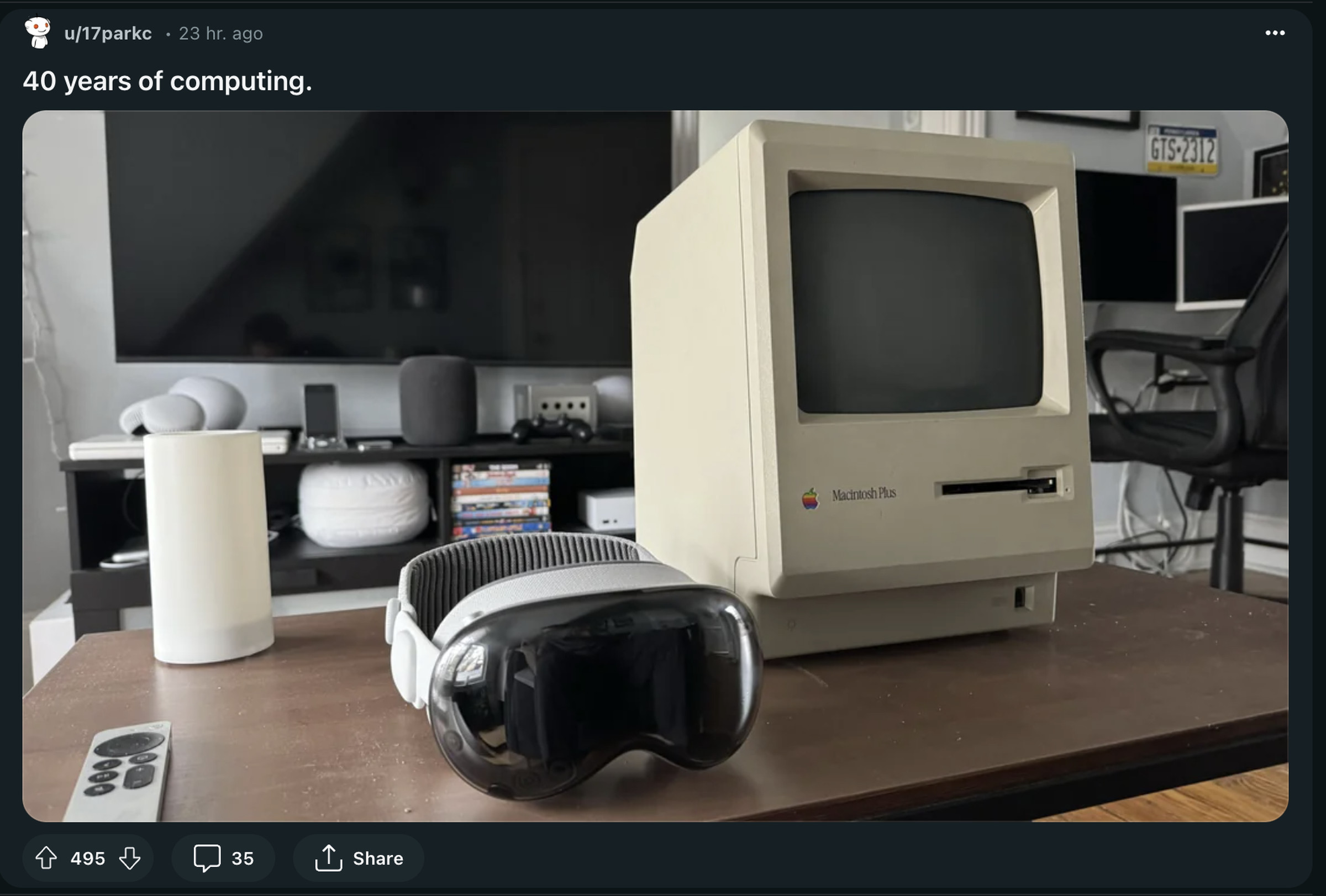 Picture of a Vision Pro next to an original Macintosh.