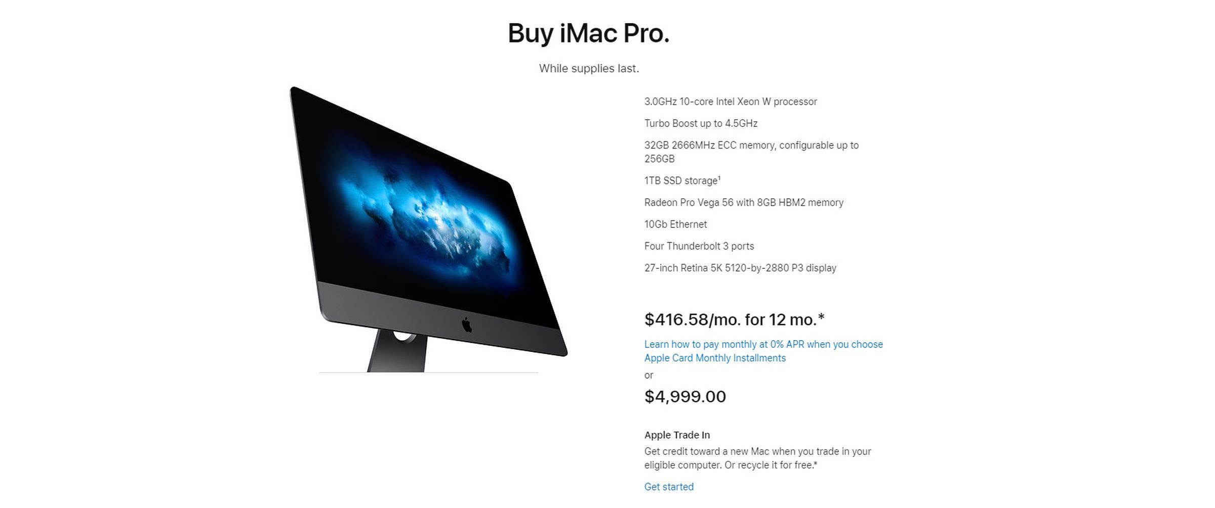 A screengrab of the Apple Store listing for the iMac Pro on March 6th, 2021