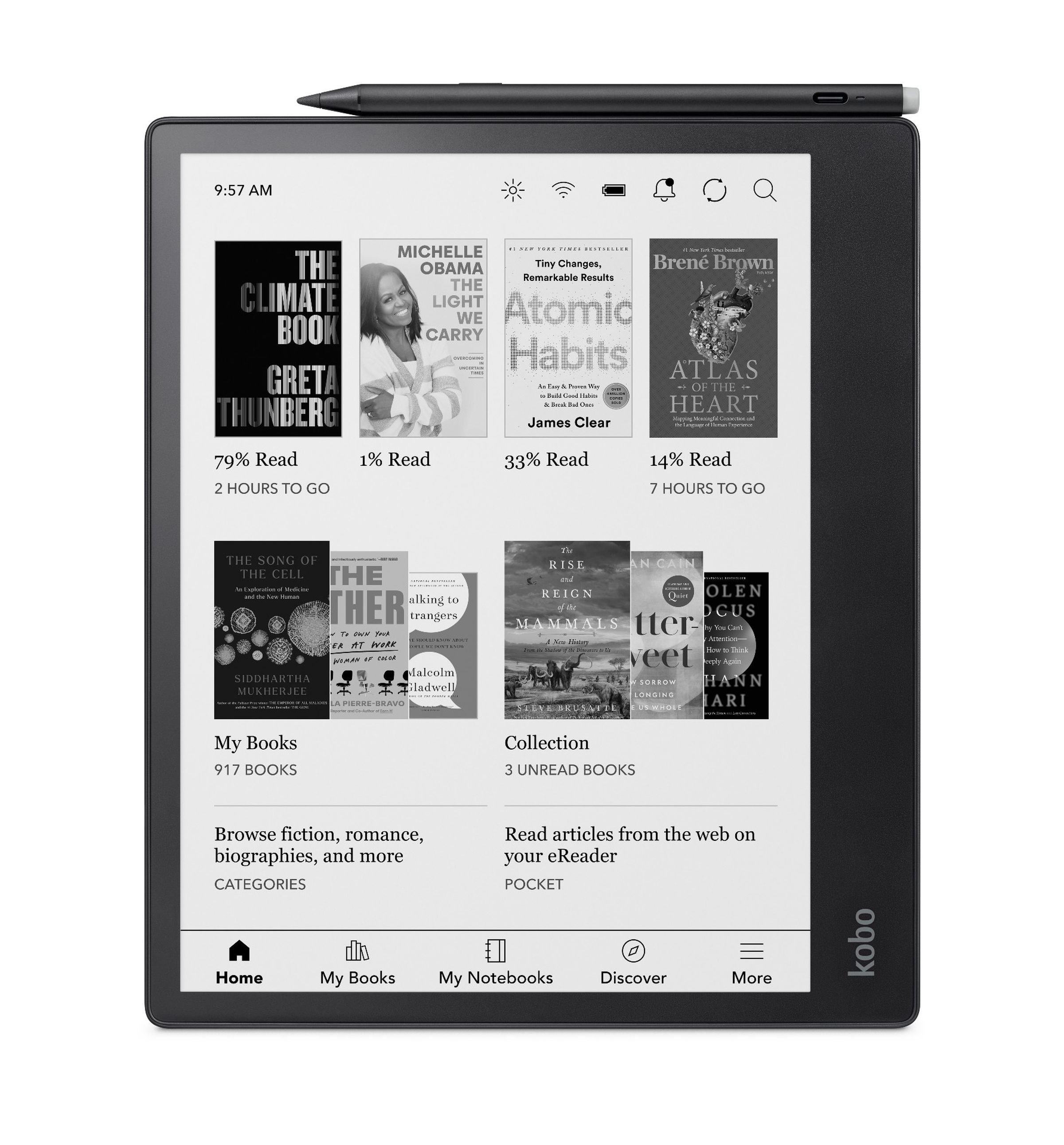 The Kobo Elipsa 2E turned on with stylus attached to the top.