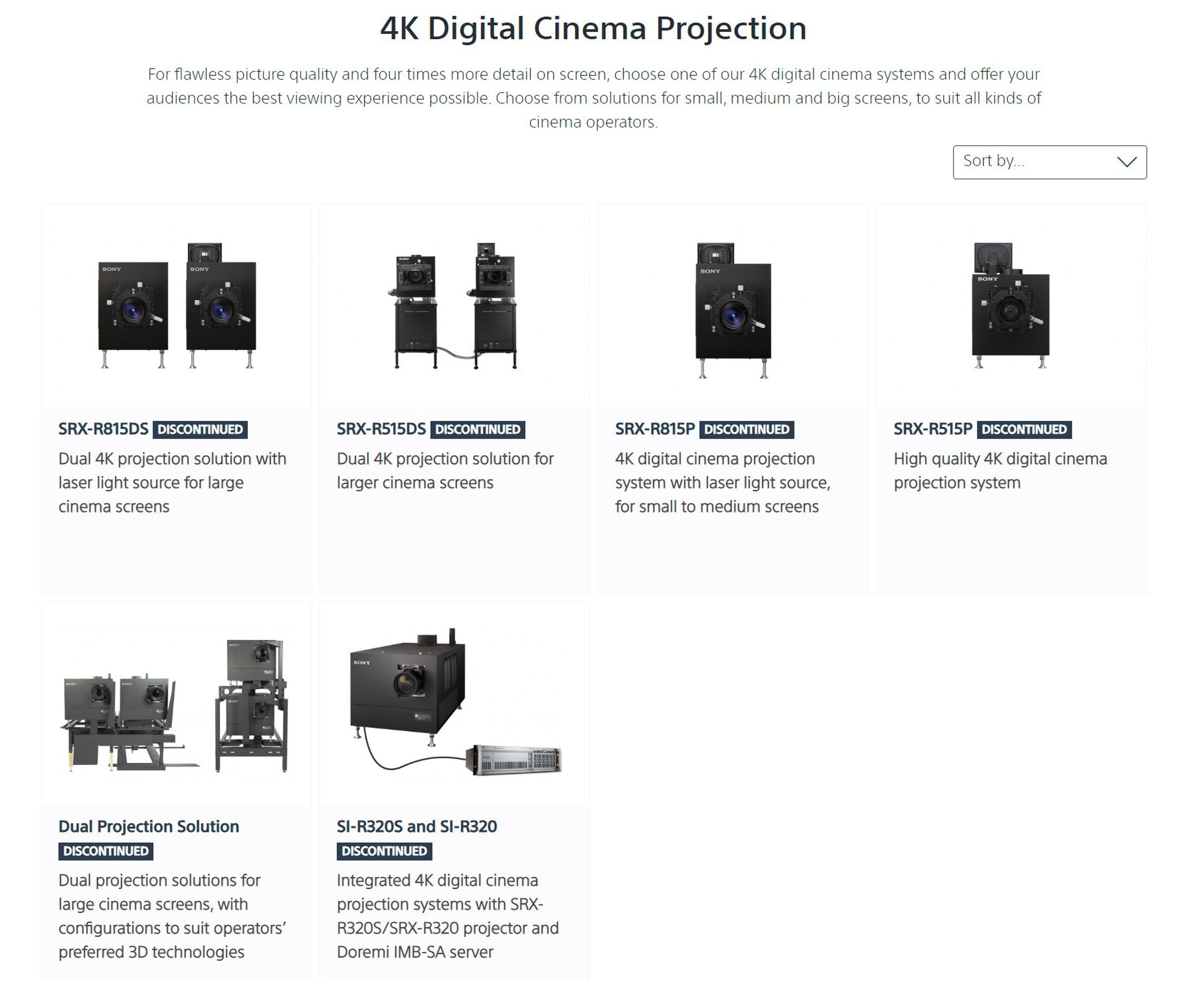 Every Sony 4K digital cinema projector is listed as discontinued.