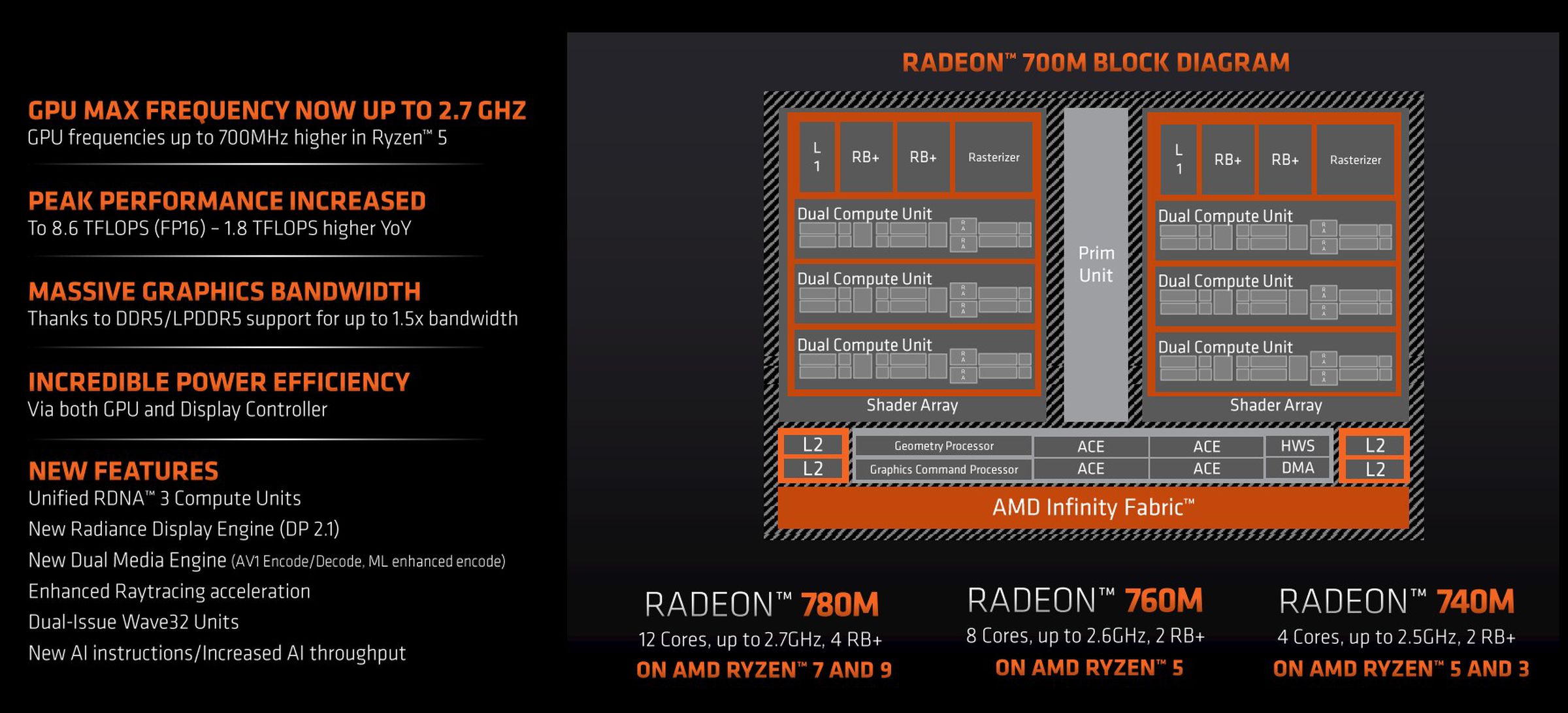 The Radeon 700M block diagram and features. 