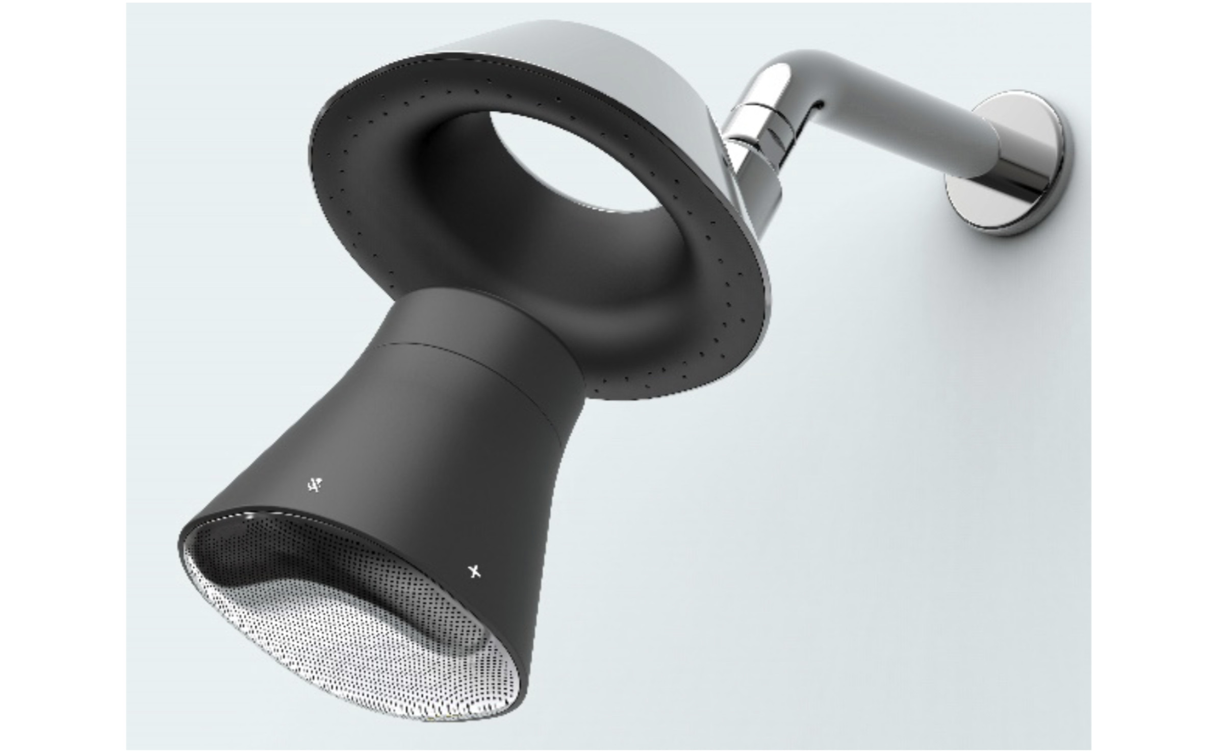 An image showing how the smart speaker portion of the Moxie system detaches from the showerhead. 