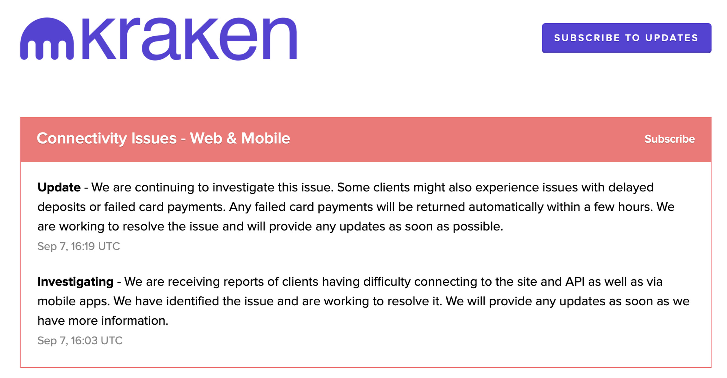 Kraken’s status page while the issues were happening.