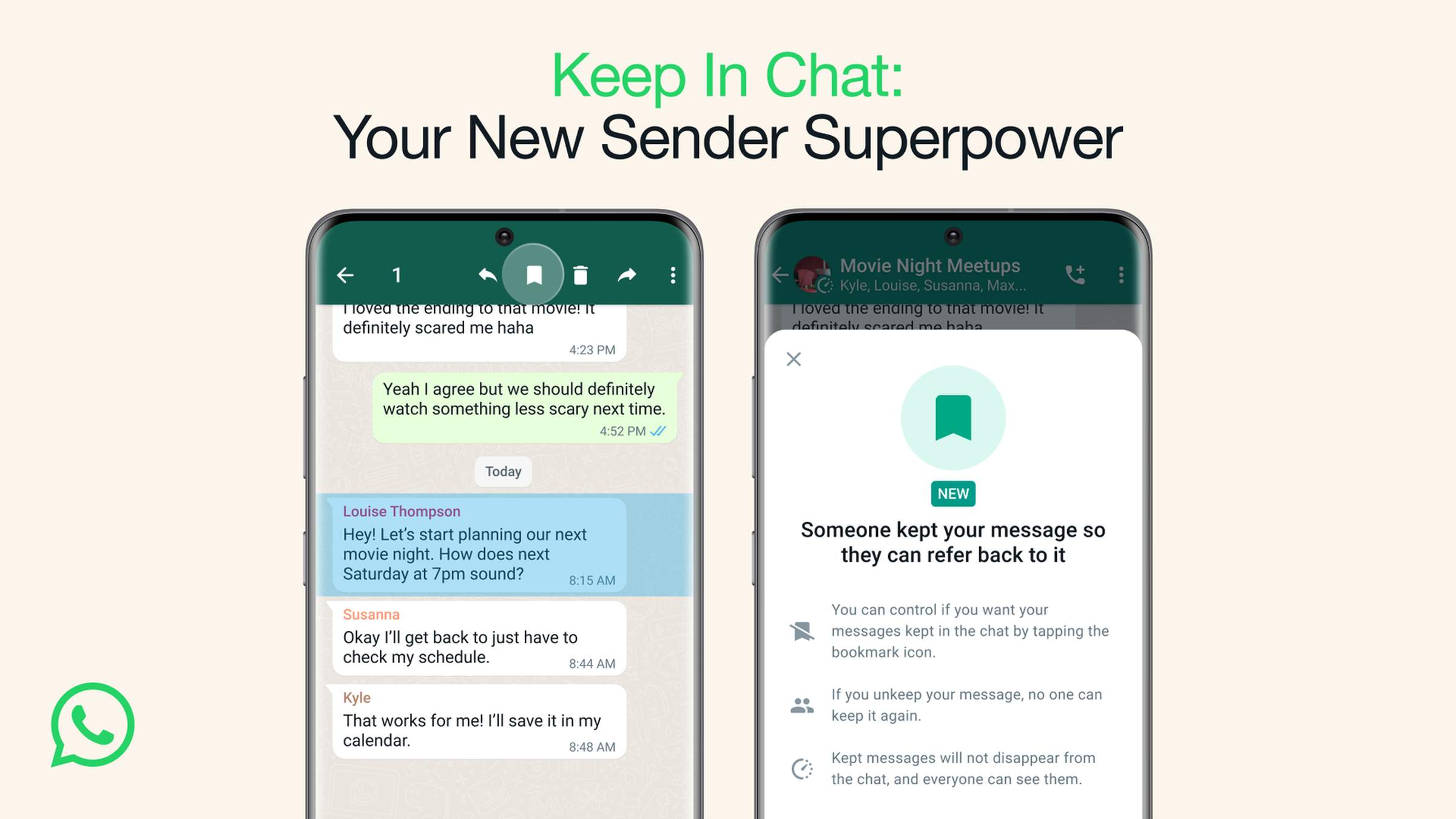 Illustration showing two simulated phone screens running WhatsApp, with one person choosing to keep a disappearing message, while on the other end the sender receives a notification that the messages was saved, allowing them to choose to allow the save or deny it.