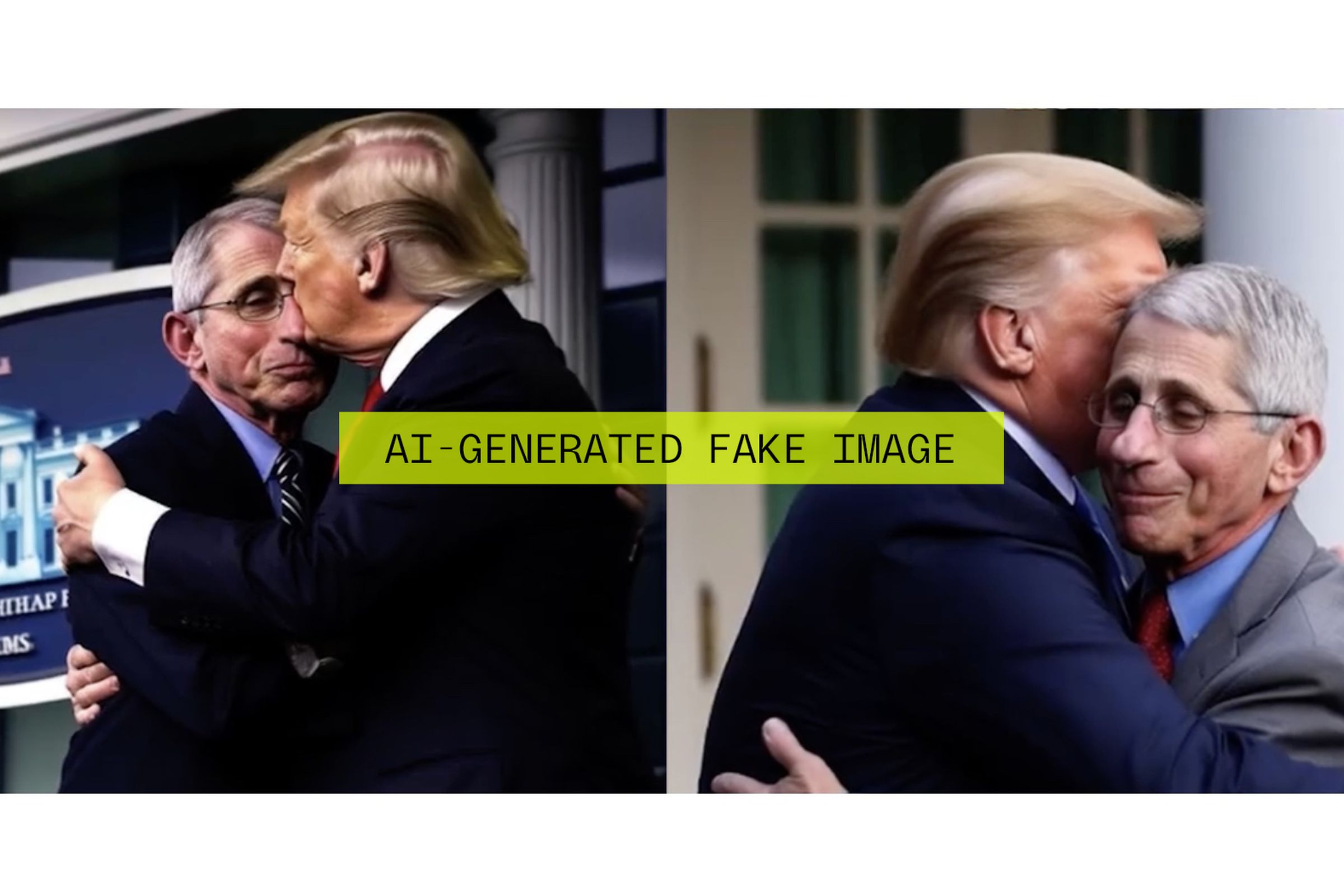 A screenshot of two AI generated images of Trump embracing Fauci with a text overlay saying “AI-GENERATED FAKE IMAGE”