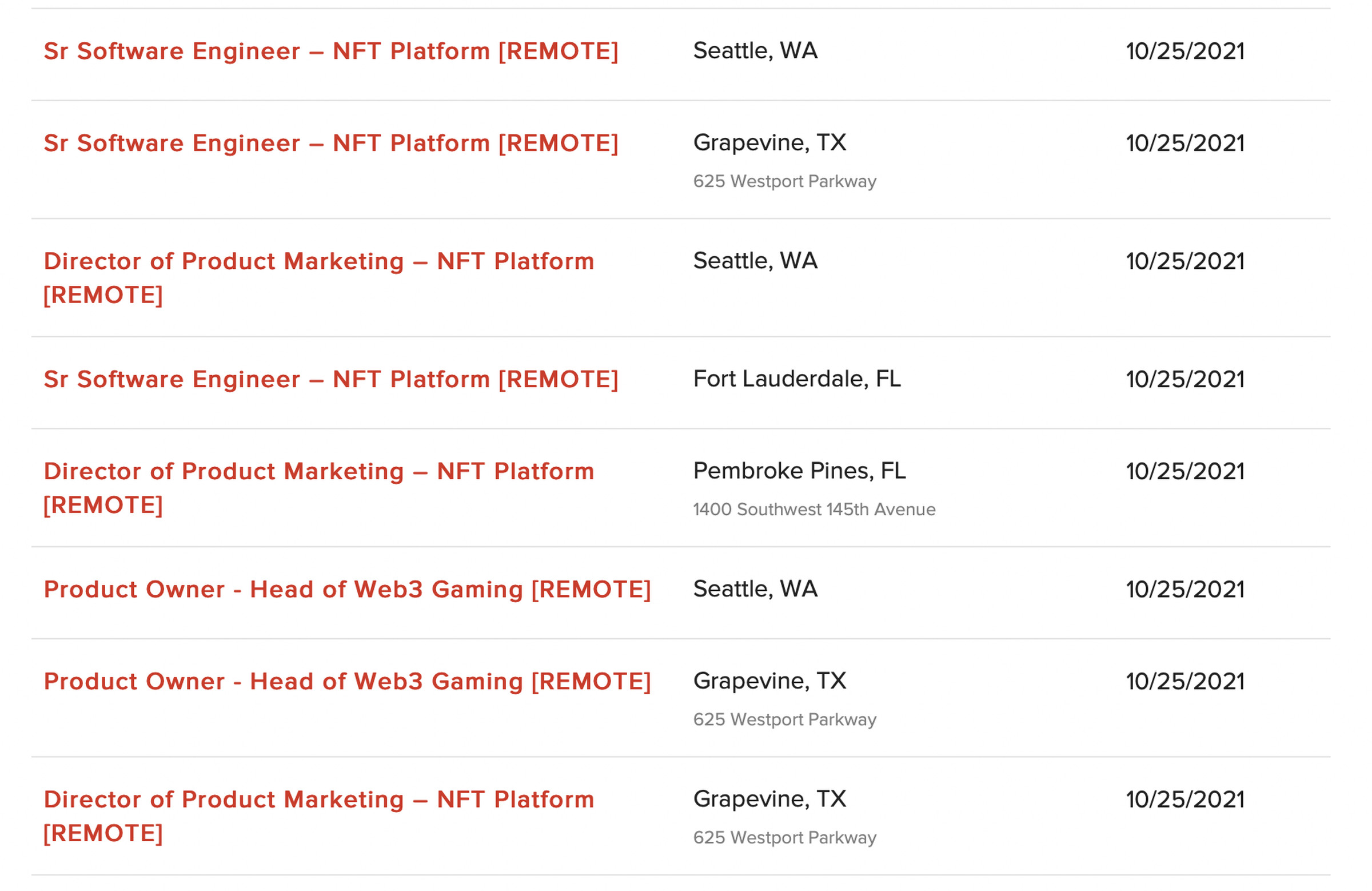 GameStop’s many job listings for NFT and Web3 Gaming-related positions.