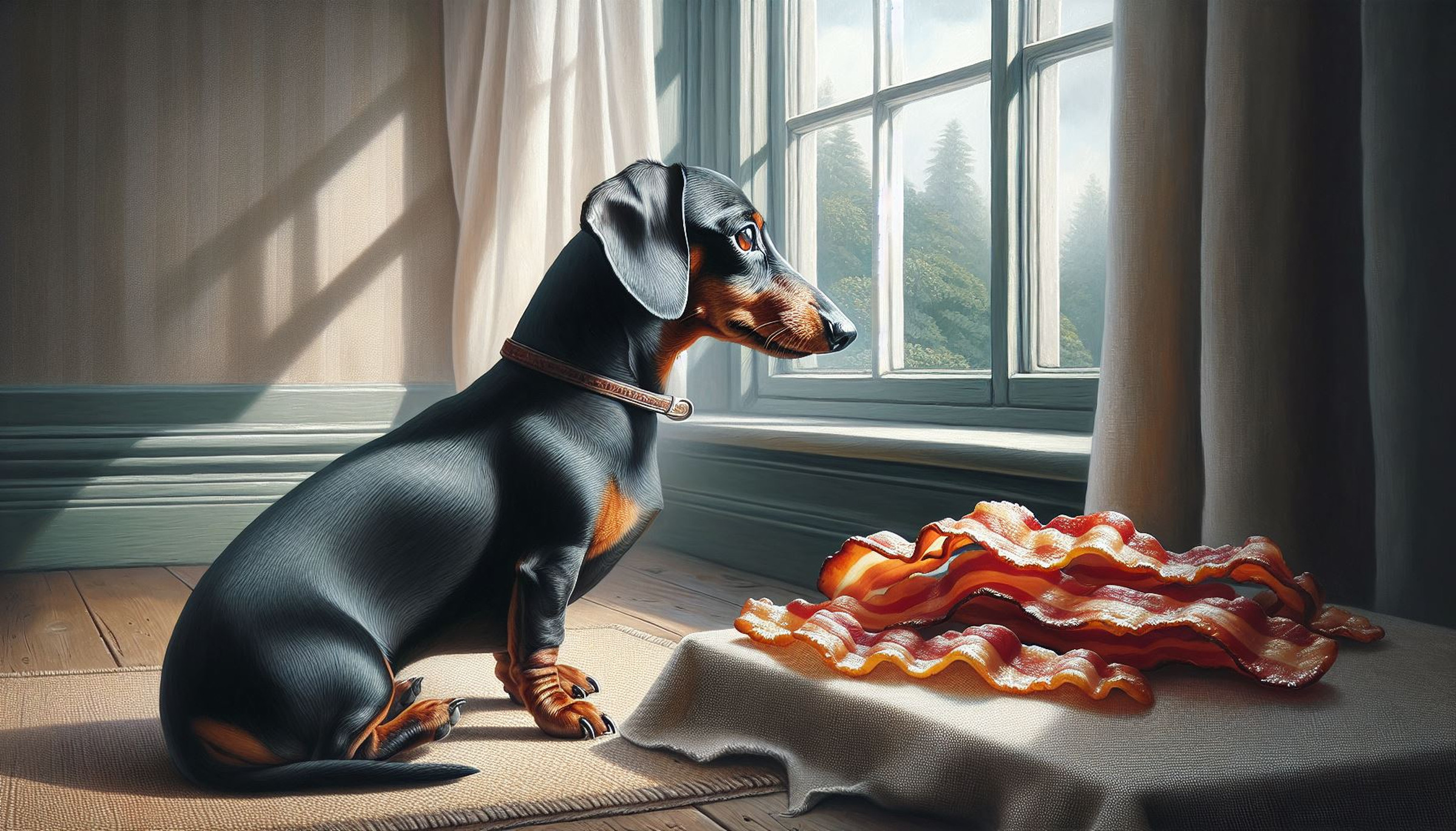 “A hyper-real painting of a dachshund sitting by a window staring at a slice of bacon, natural lighting, medium shot, shallow depth of field.”