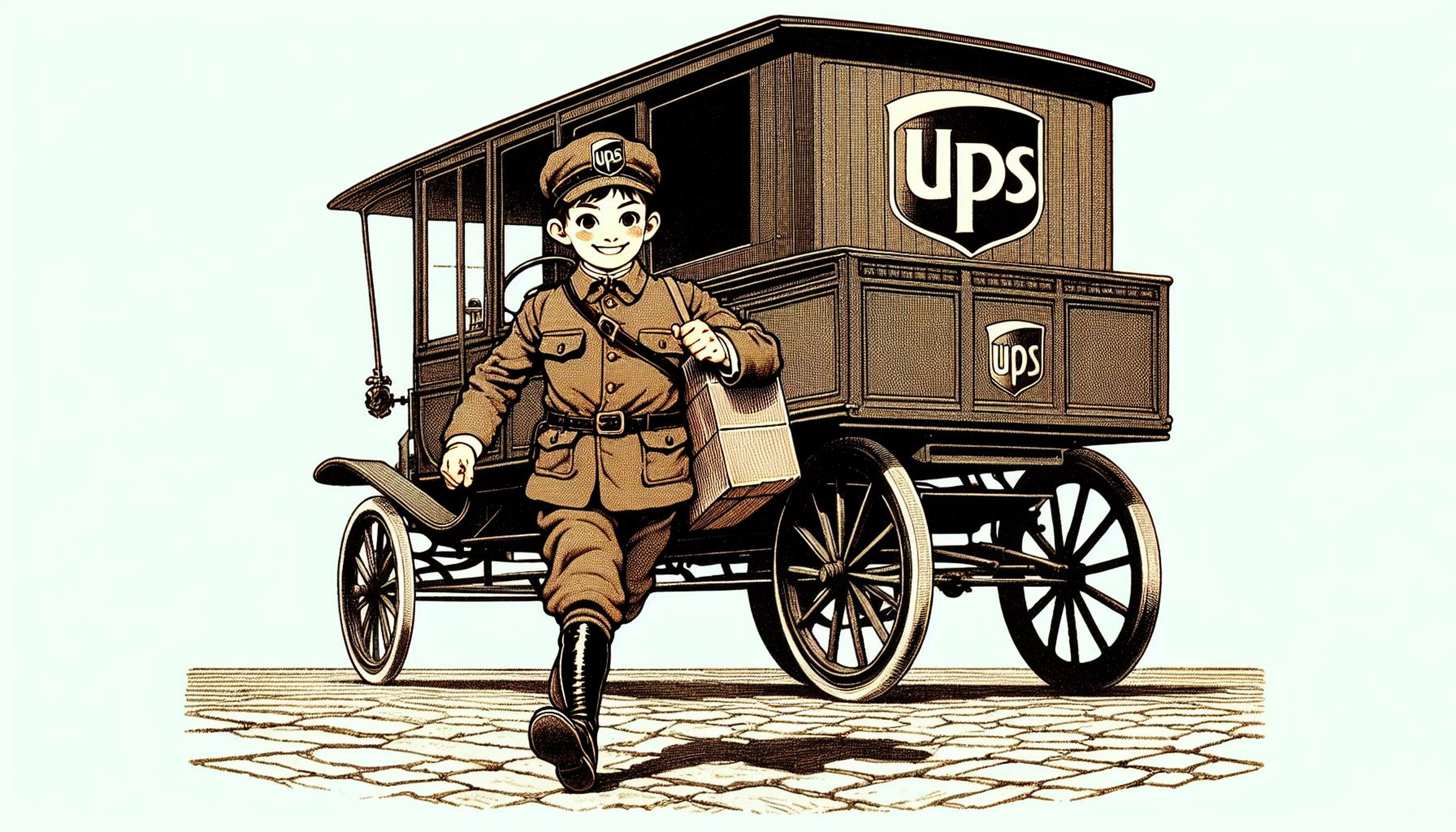 “An illustrated image of a UPS delivery man from 1910. In the style of early Japanese cartoons.”