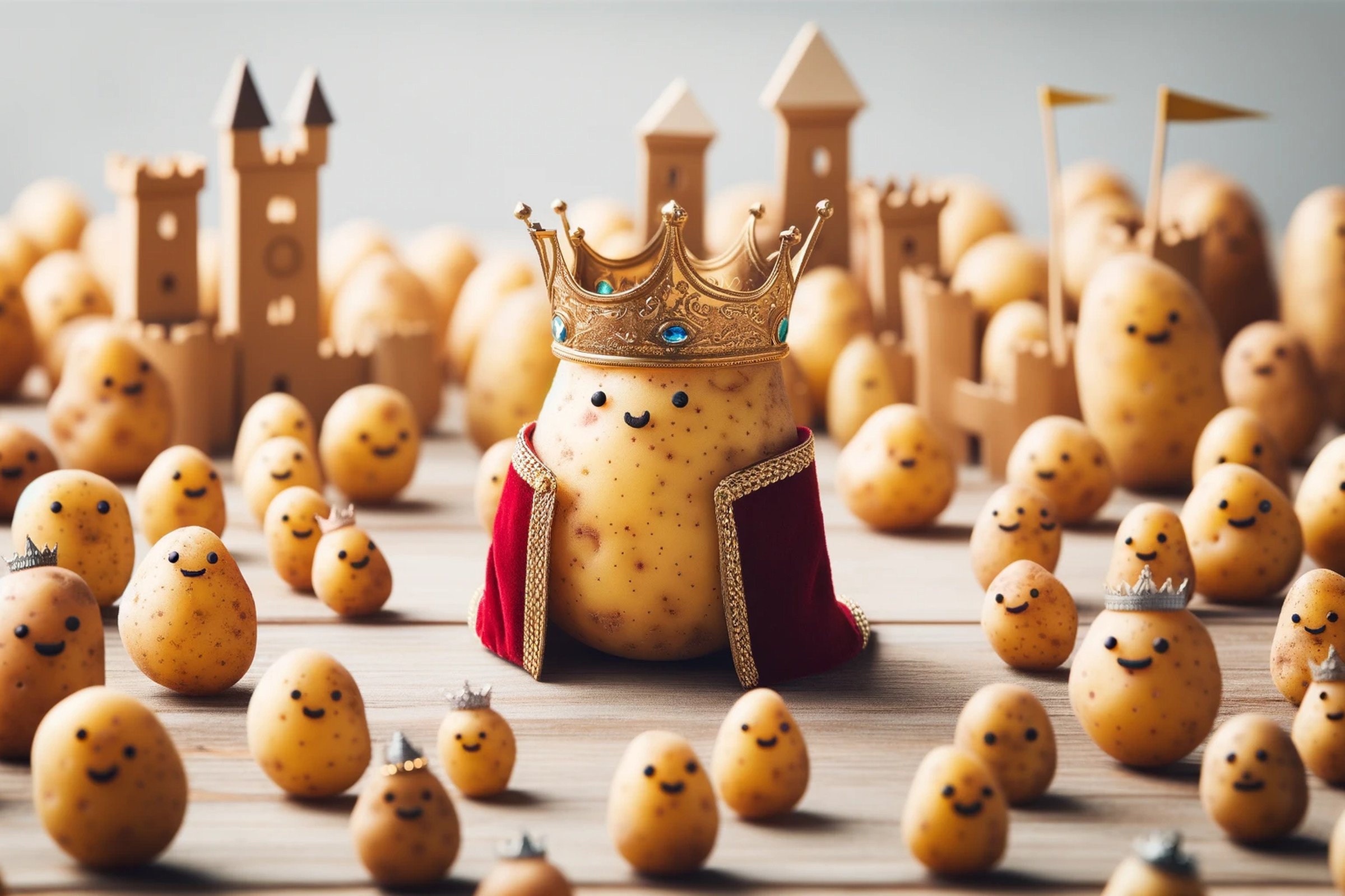 King Potato surrounded by minion potatoes created by DALL-E 3