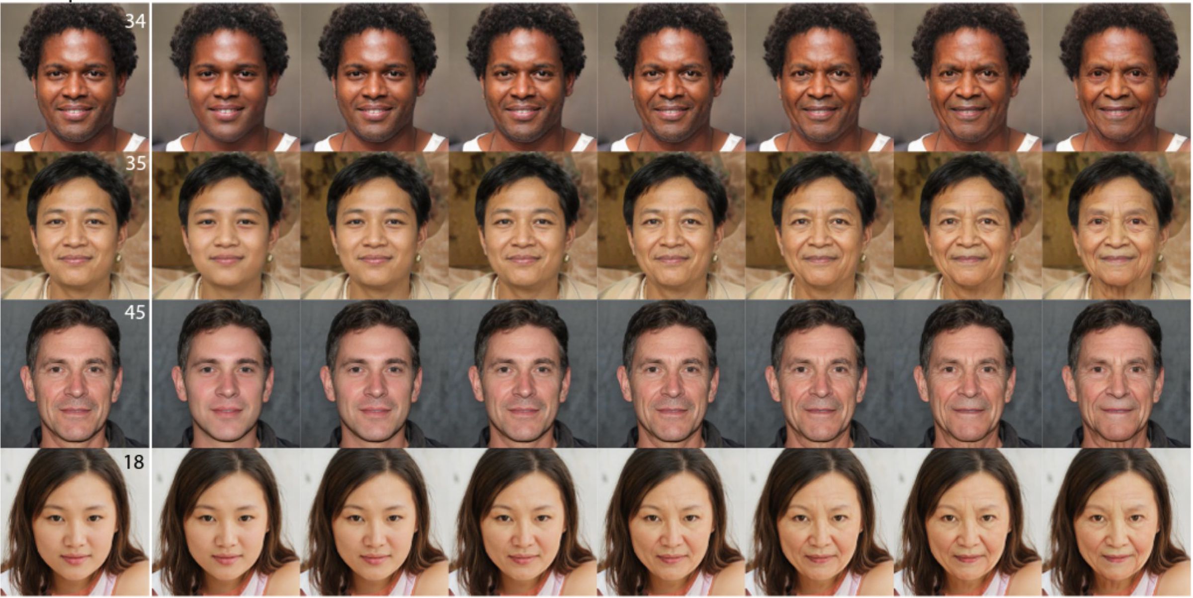 ردیف‌هایی از تصاویر چهره‌های انسان که به‌صورت دیجیتالی در سنین مختلف ایجاد شده‌اند