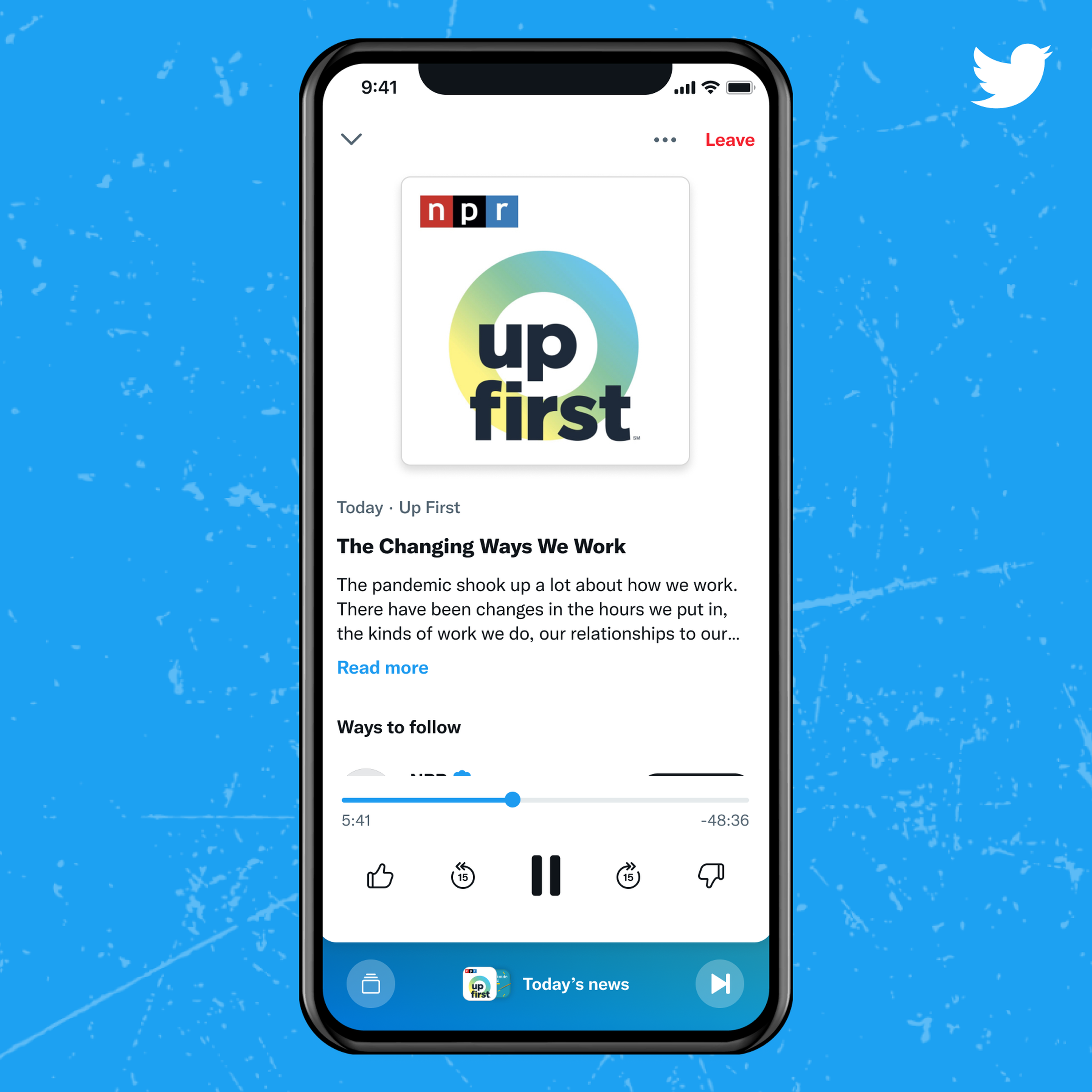 Twitter’s podcast interface on an iPhone.