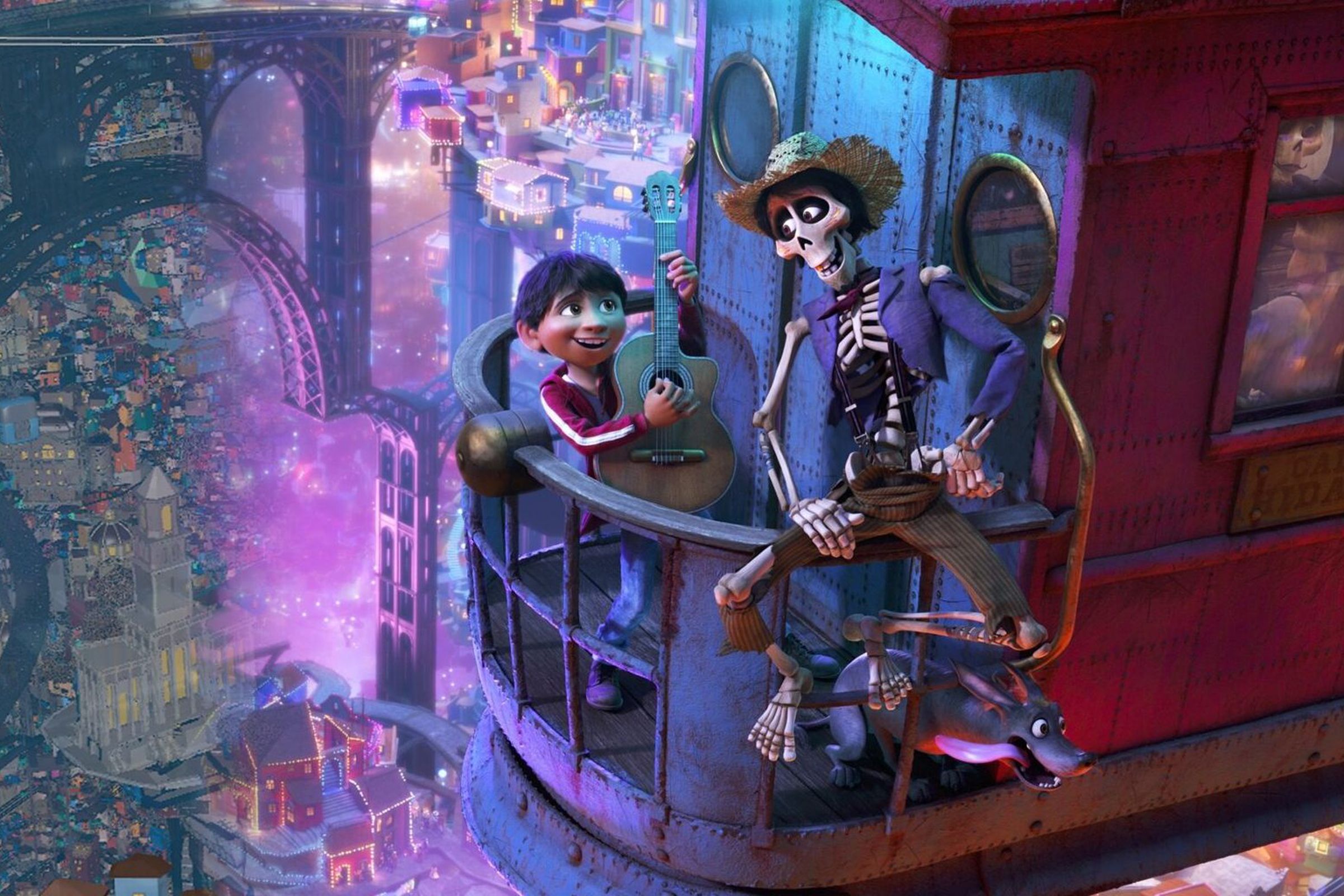 An image showing an in-progress still from the movie Coco blending into the final image.