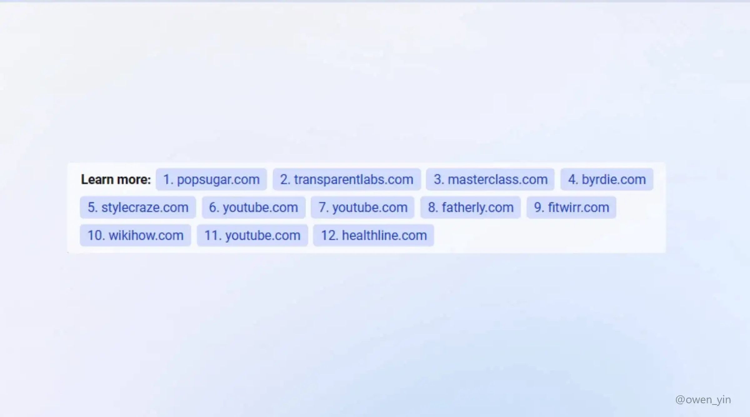 A screenshot showing a list of URLs, apparently sources cited by the new Bing in answer to a question.