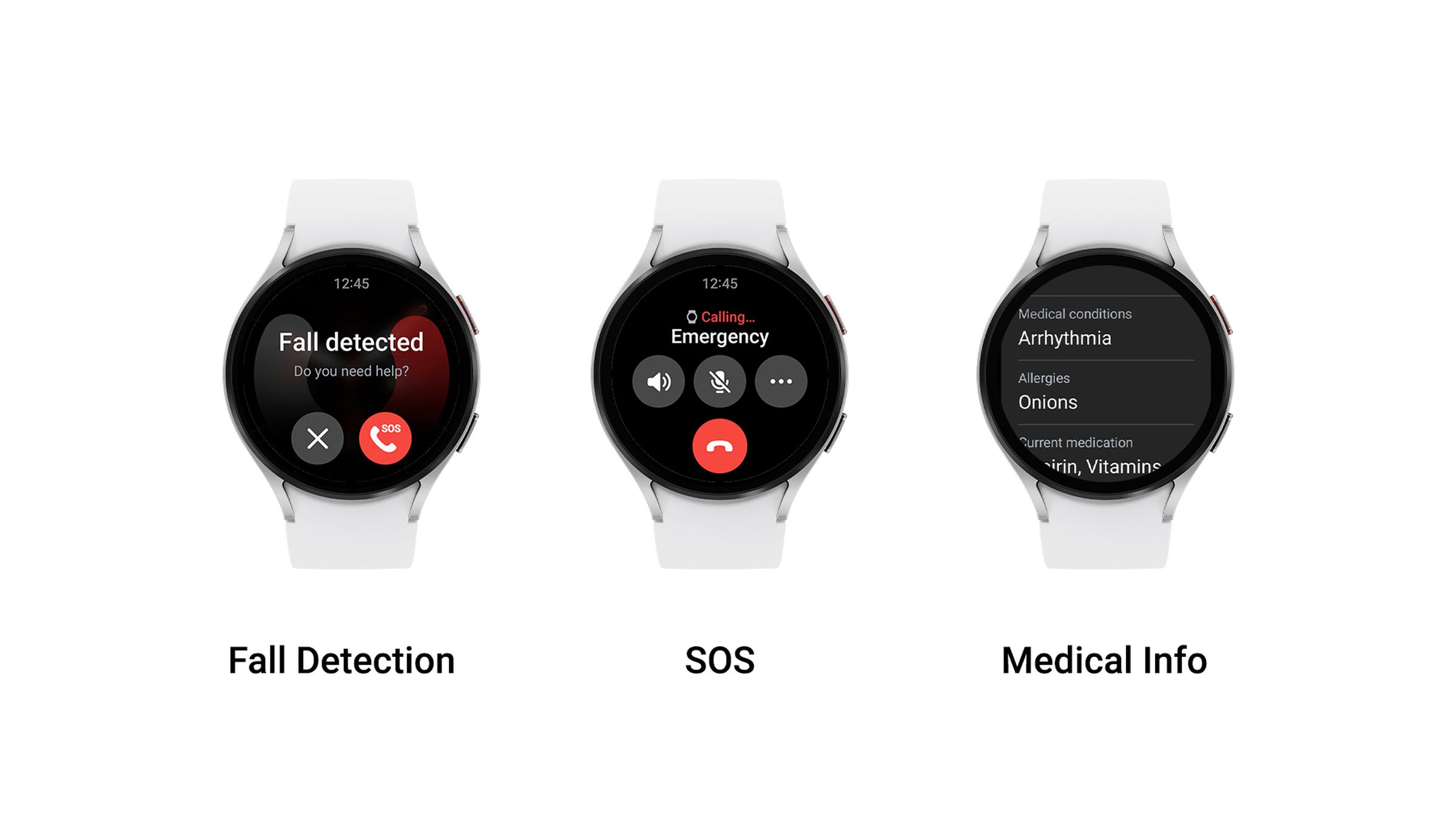 Renders of Samsung’s emergency SOS features on a Samsung Galaxy Watch