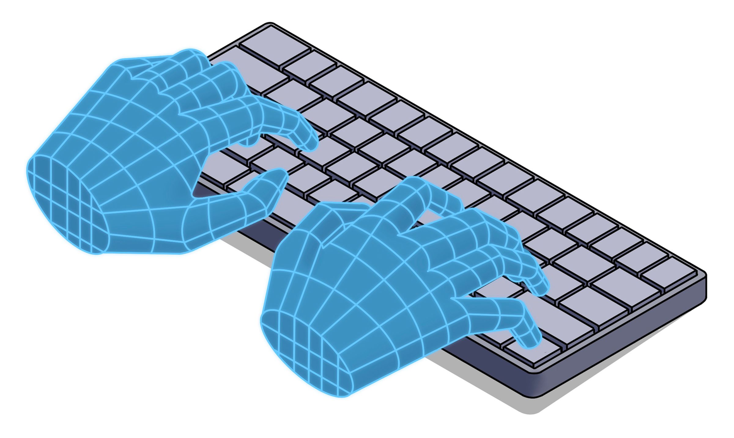 Illustration of wireframe hands typing on a keyboard.
