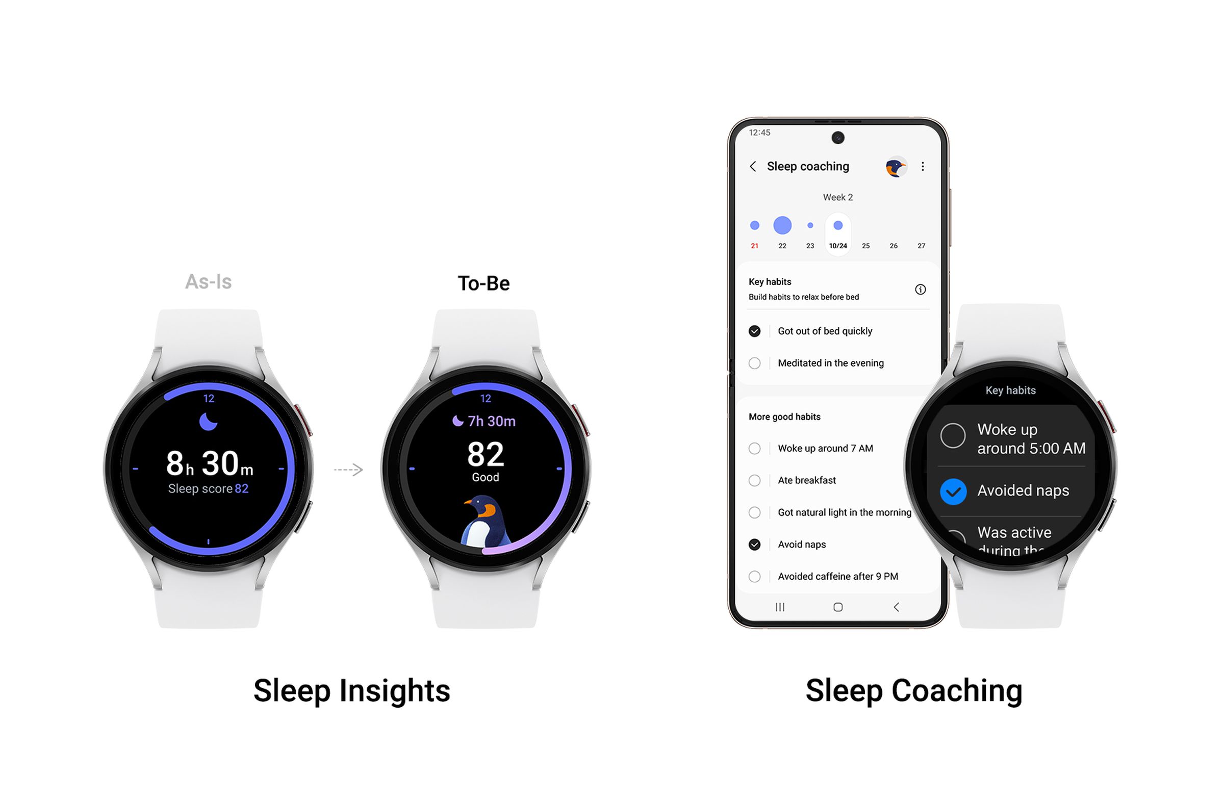 Renders of sleep updates on a Samsung Galaxy watch