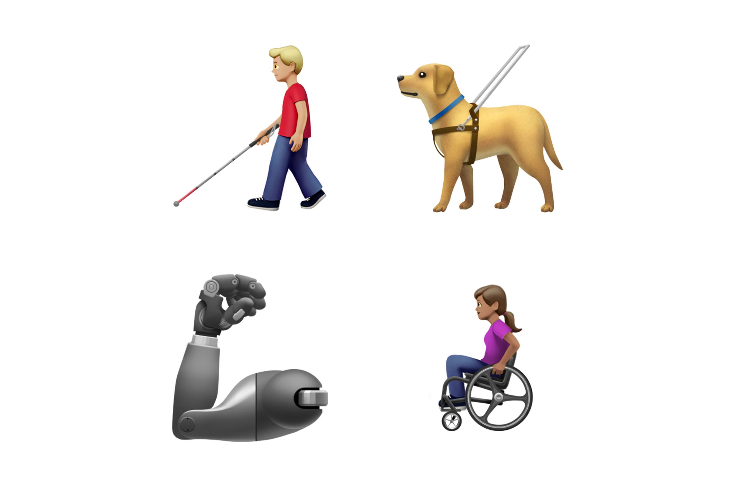 The new emoji also include a diverse mix of people with disabilities, guide dogs, and prosthetic limbs. 